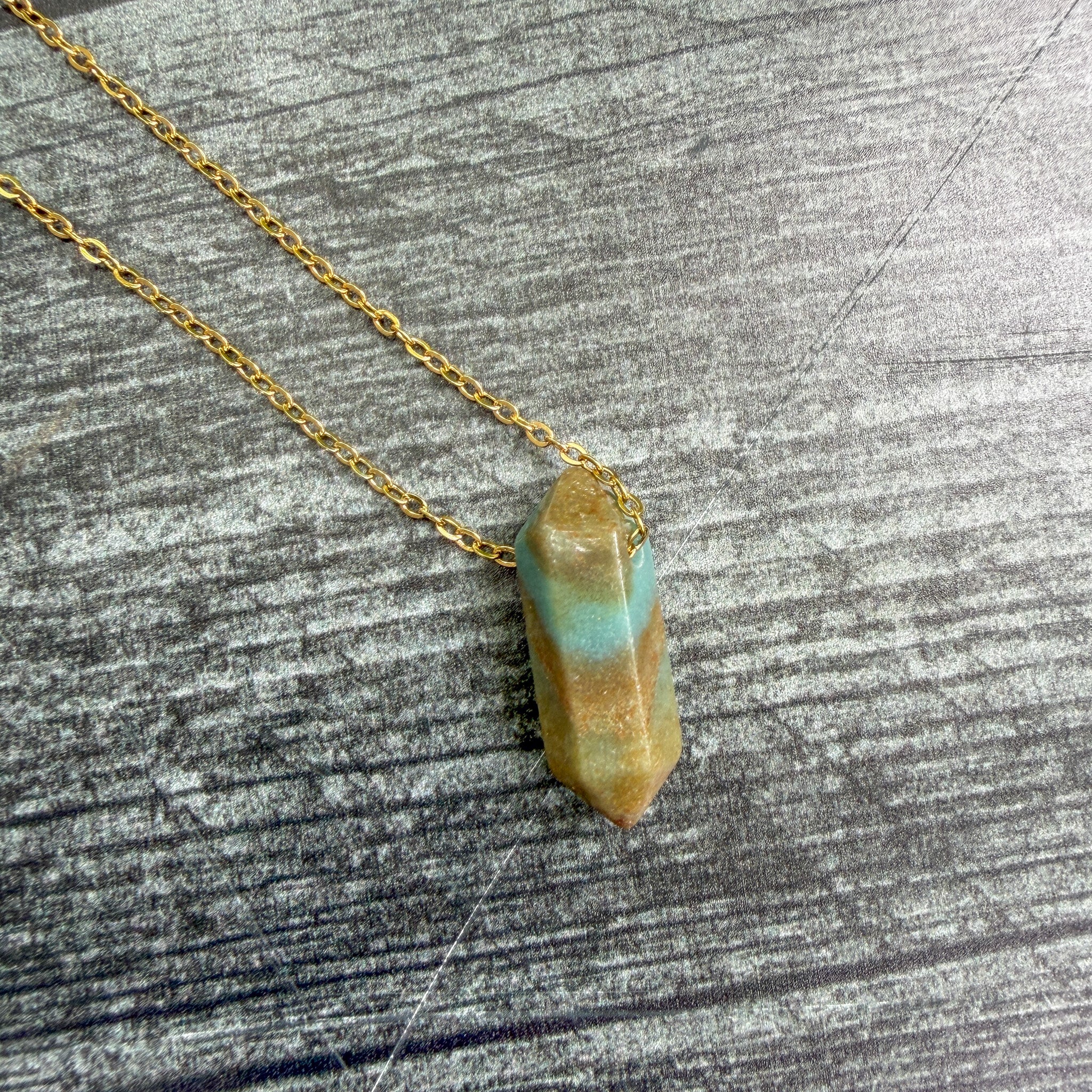 Creek Crossing one-of-a-kind Black Gold Amazonite Point Necklace on gold stainless steel chain