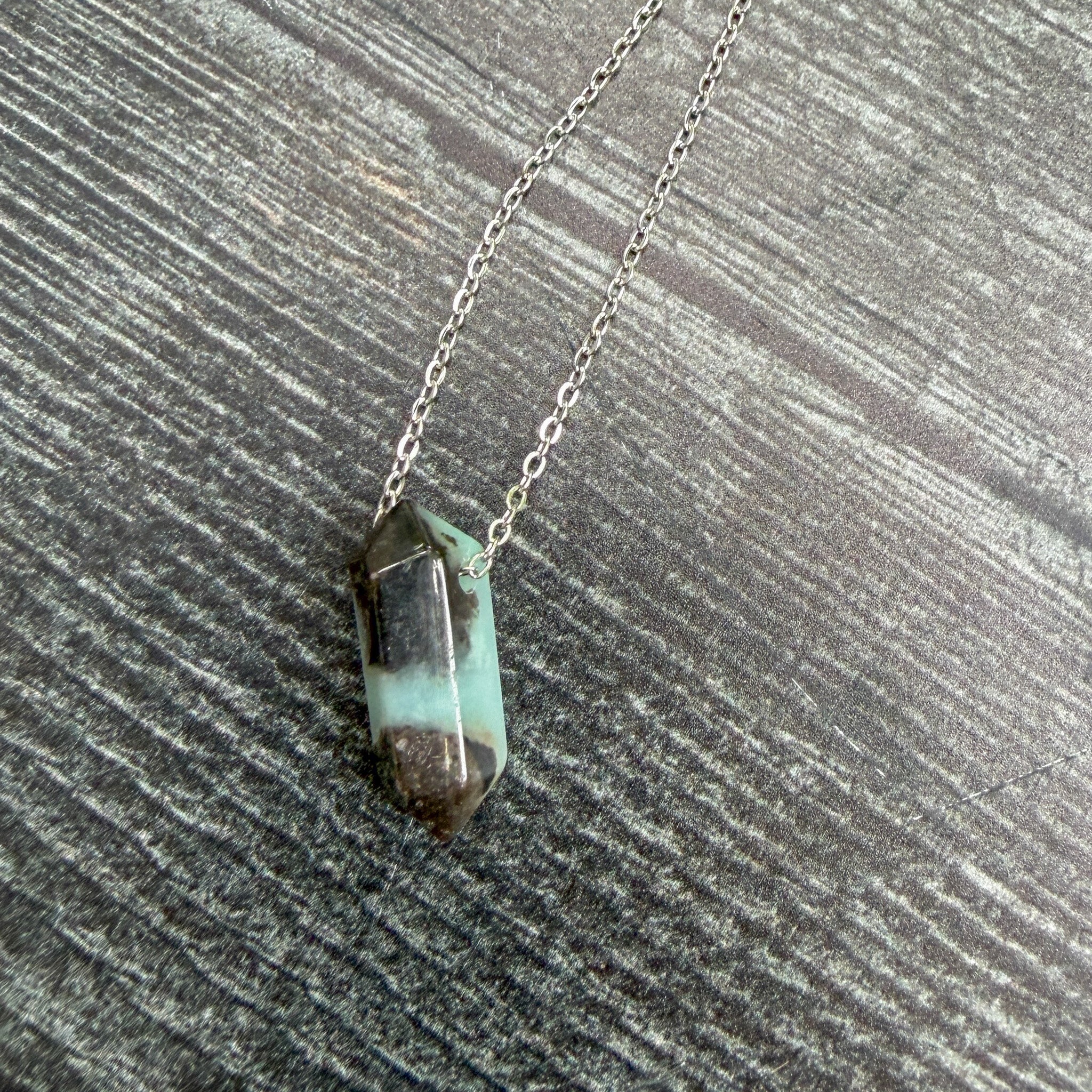 Misty Waters one-of-a-kind Black Gold Amazonite Point Necklace on stainless steel chain