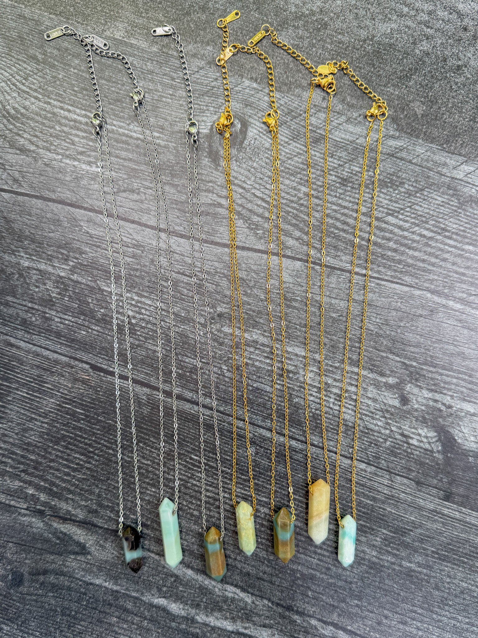 One-of-a-kind Black Gold Amazonite Point Necklaces in the Earth Points Collection