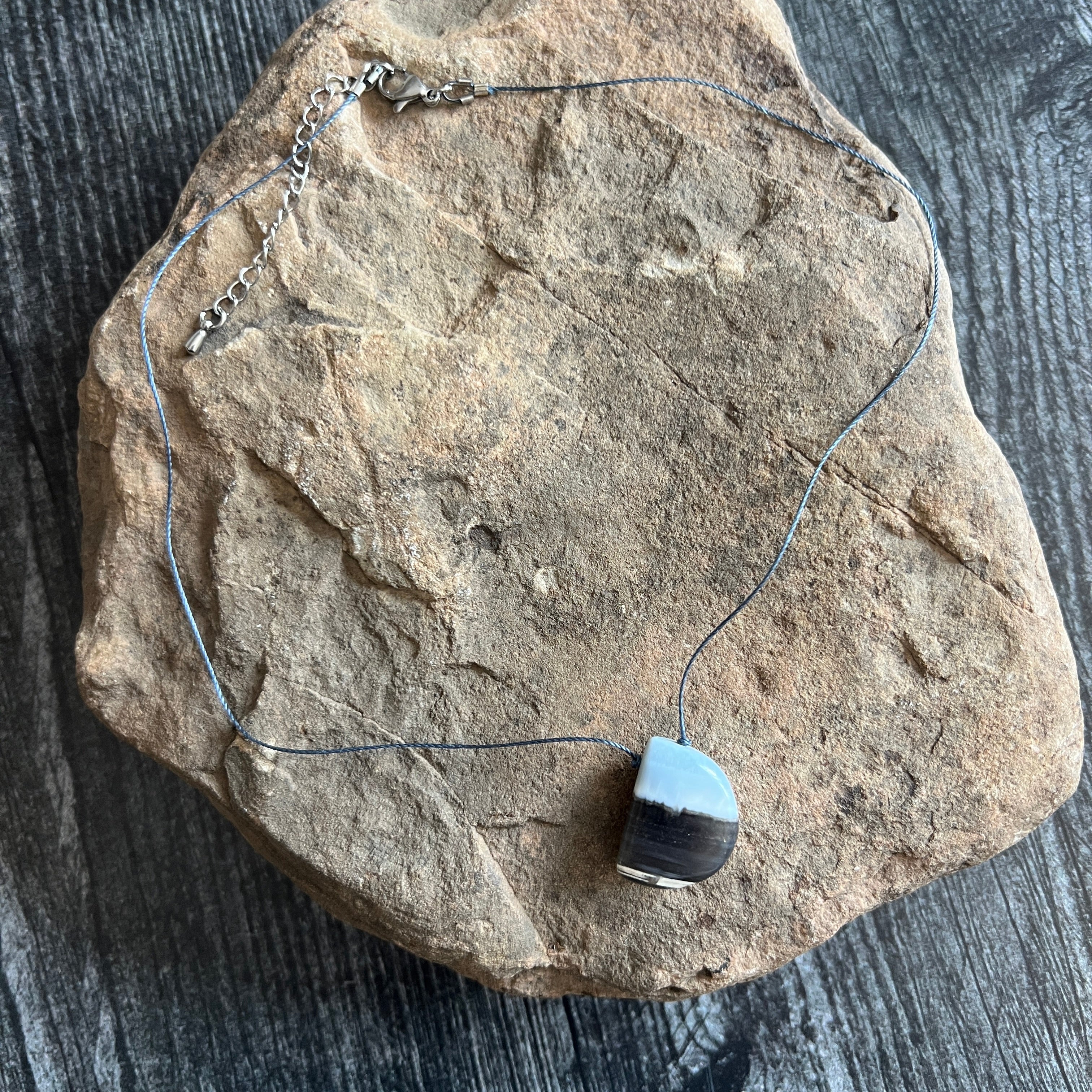 Blue Banded Opal Half Moon Necklace | Natural Ethiopian Opal Jewelry