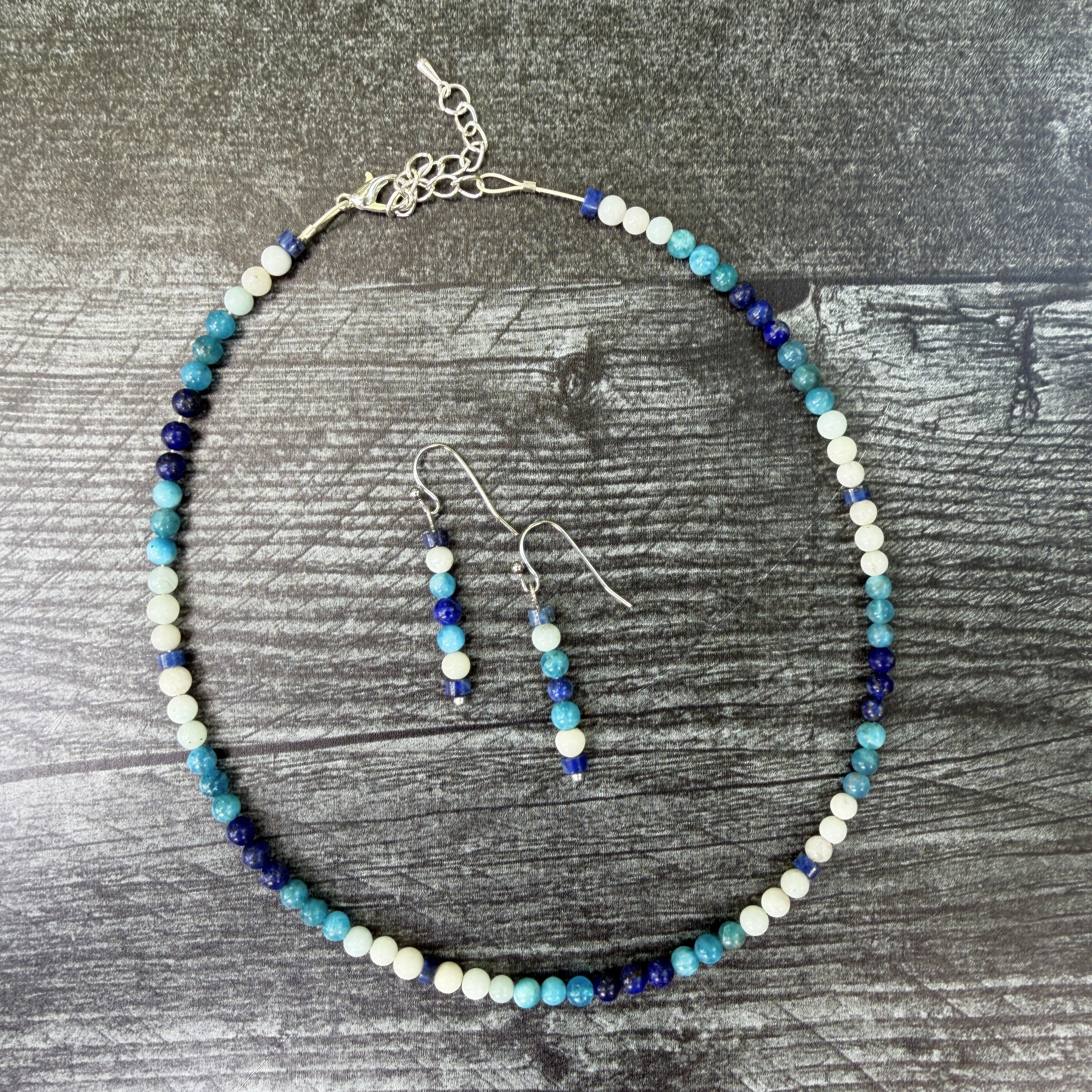 Earrings and necklace made with 4mm Apatite, Lapis Lazuli, and Amazonite.