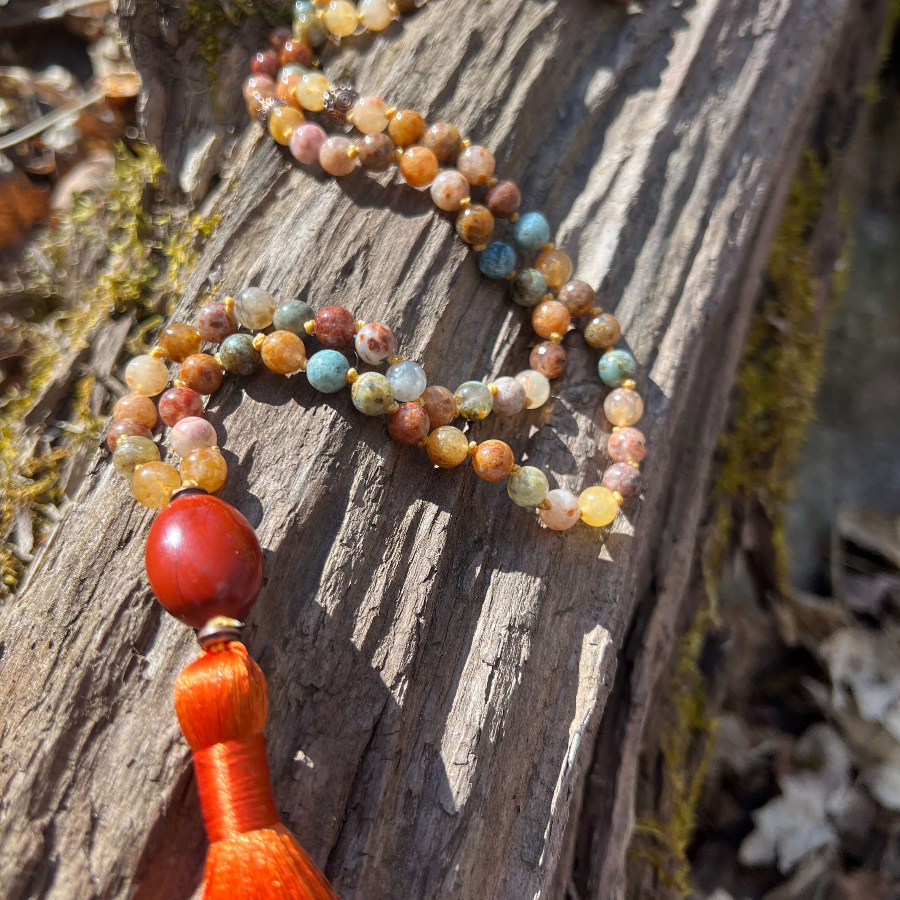 Lift Your Spirit Meditation Mala – 108 Beads of Rainbow Ocean Agate & Red Jasper