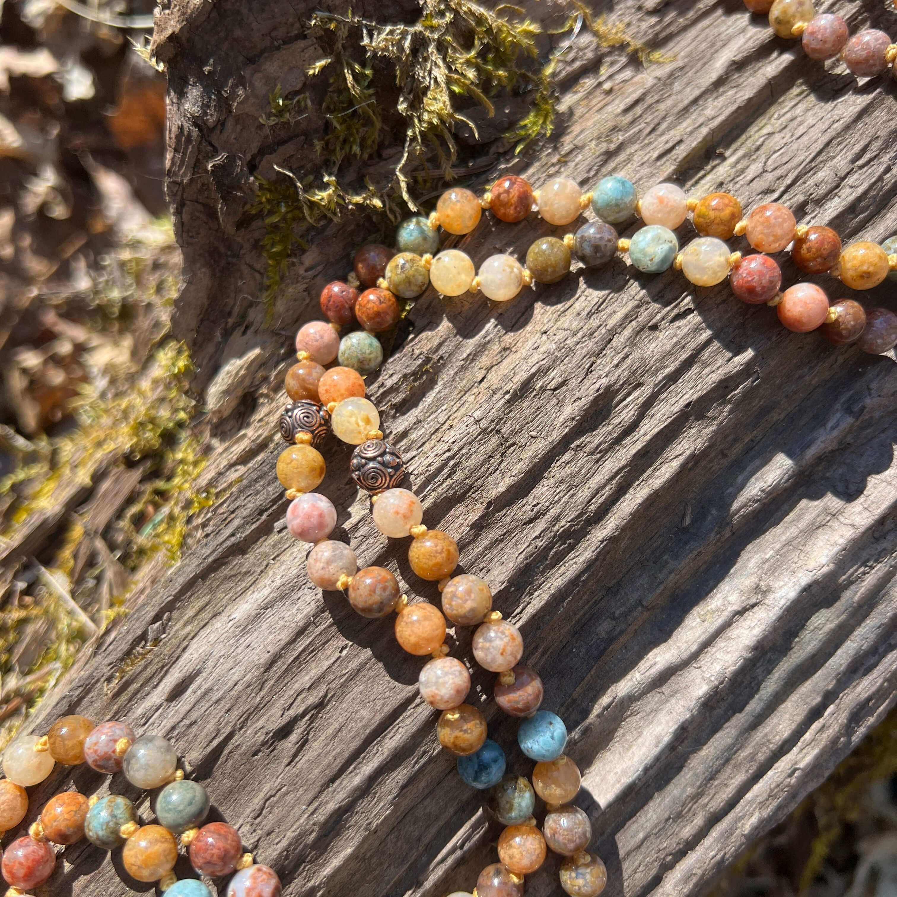 Lift Your Spirit Meditation Mala – 108 Beads of Rainbow Ocean Agate & Red Jasper