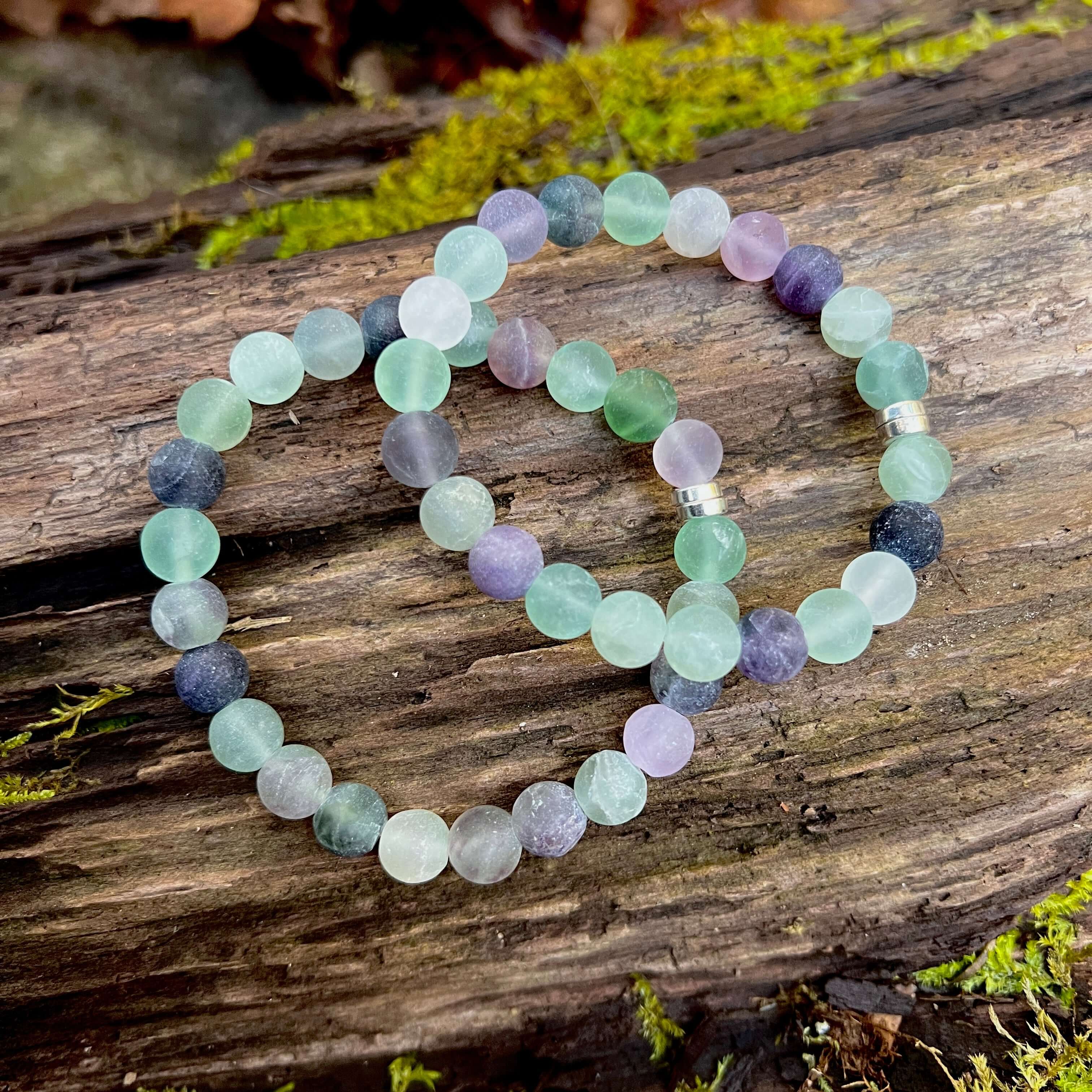 Fluorite Frosted Bead Bracelet This bracelet is made with high-quality Frosted Fluorite stones which bring intuition and stability to the wearer. Zodiac Sign: Capricorn. Chakra: Heart. Handmade with authentic crystals and gemstones in Minneapolis, MN.