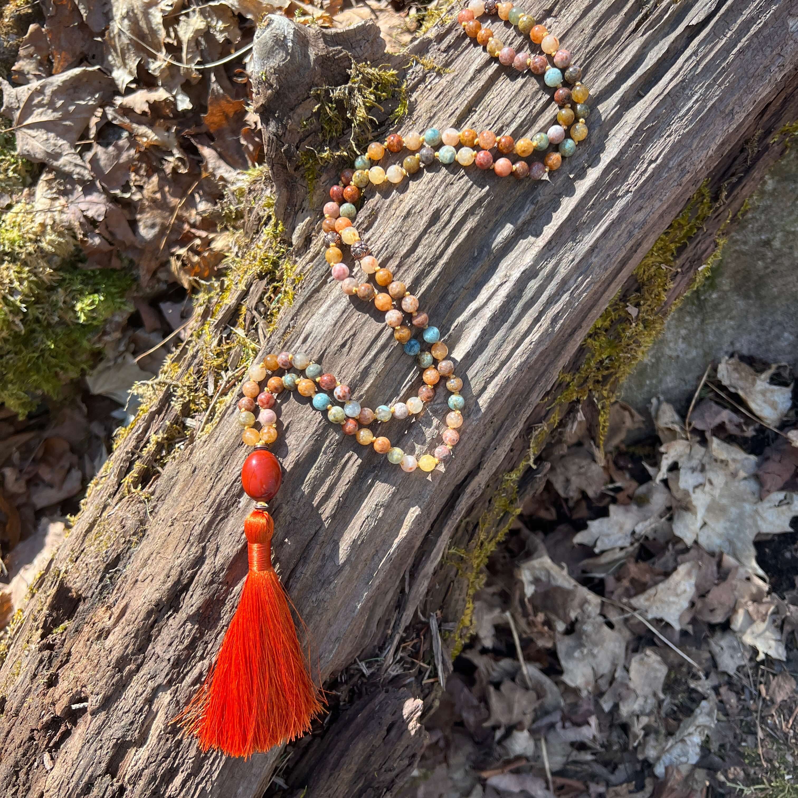 Lift Your Spirit Meditation Mala – 108 Beads of Rainbow Ocean Agate & Red Jasper