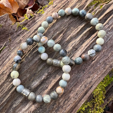 Gray Thunder Jasper Bracelet This bracelet is made with authentic Gray Thunder Jasper gemstones which provide support and nurturing energy. Zodiac Signs: Aries & Scorpio. Chakras: Root & Solar Plexus. Handmade with authentic crystals and gemstones in Minn