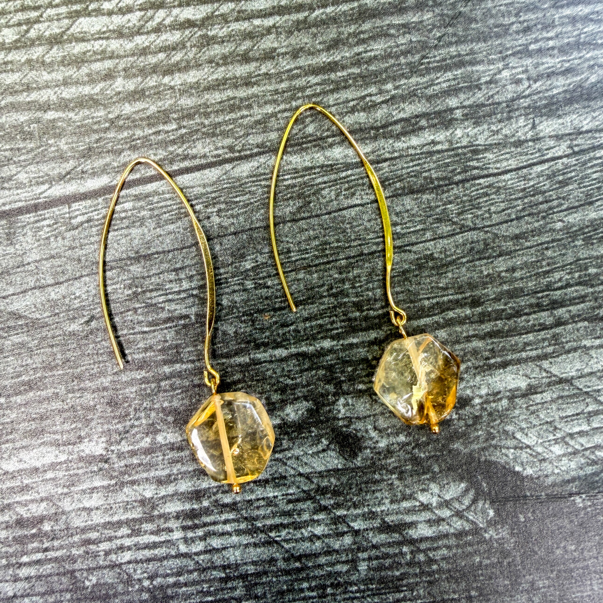 Handcrafted Citrine earrings with hand-carved natural hexagon gemstones on gold-plated stainless steel elongated ear wires