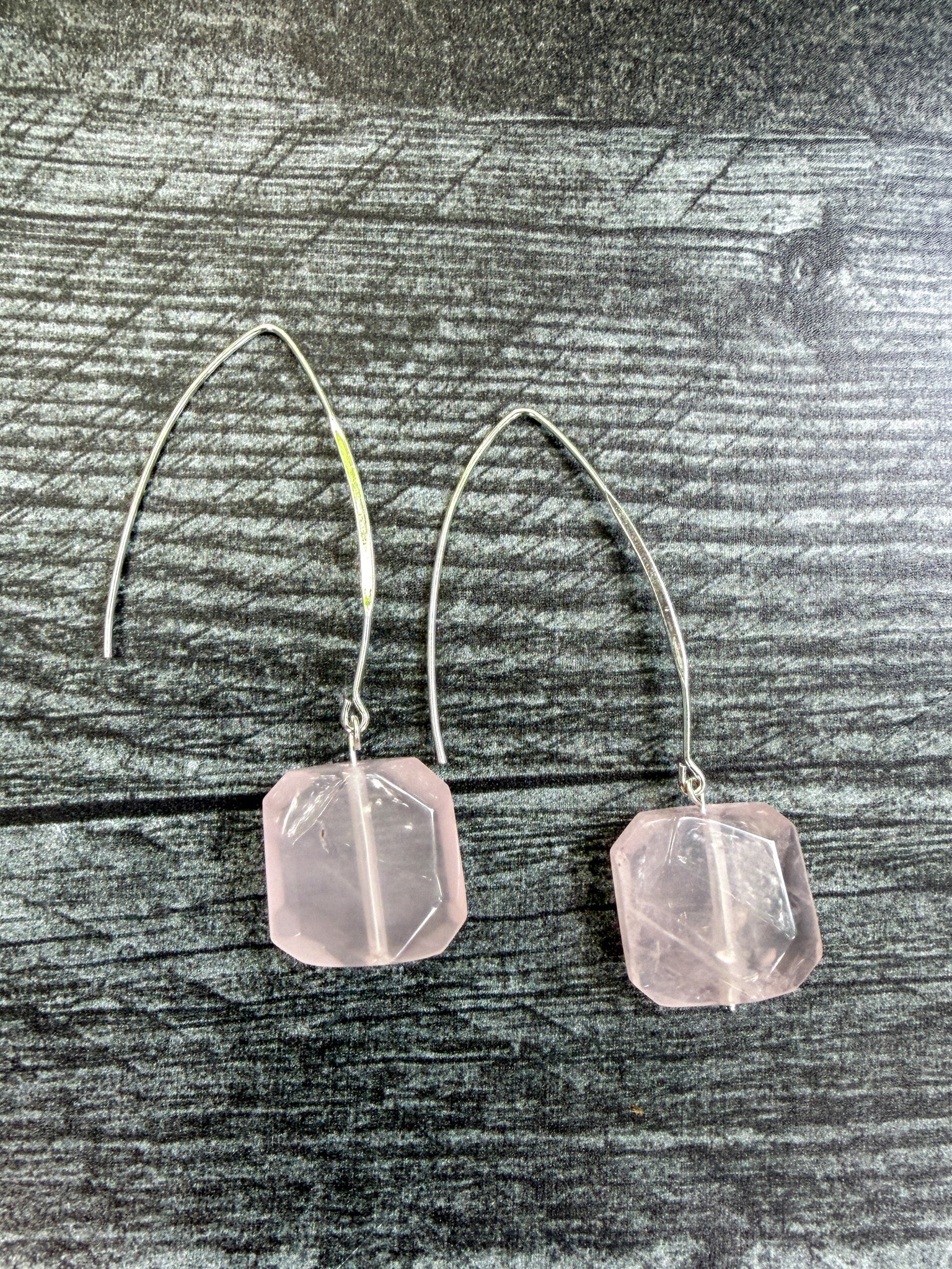 Handcrafted Rose Quartz earrings with faceted octagon natural gemstones on stainless steel elongated ear wires