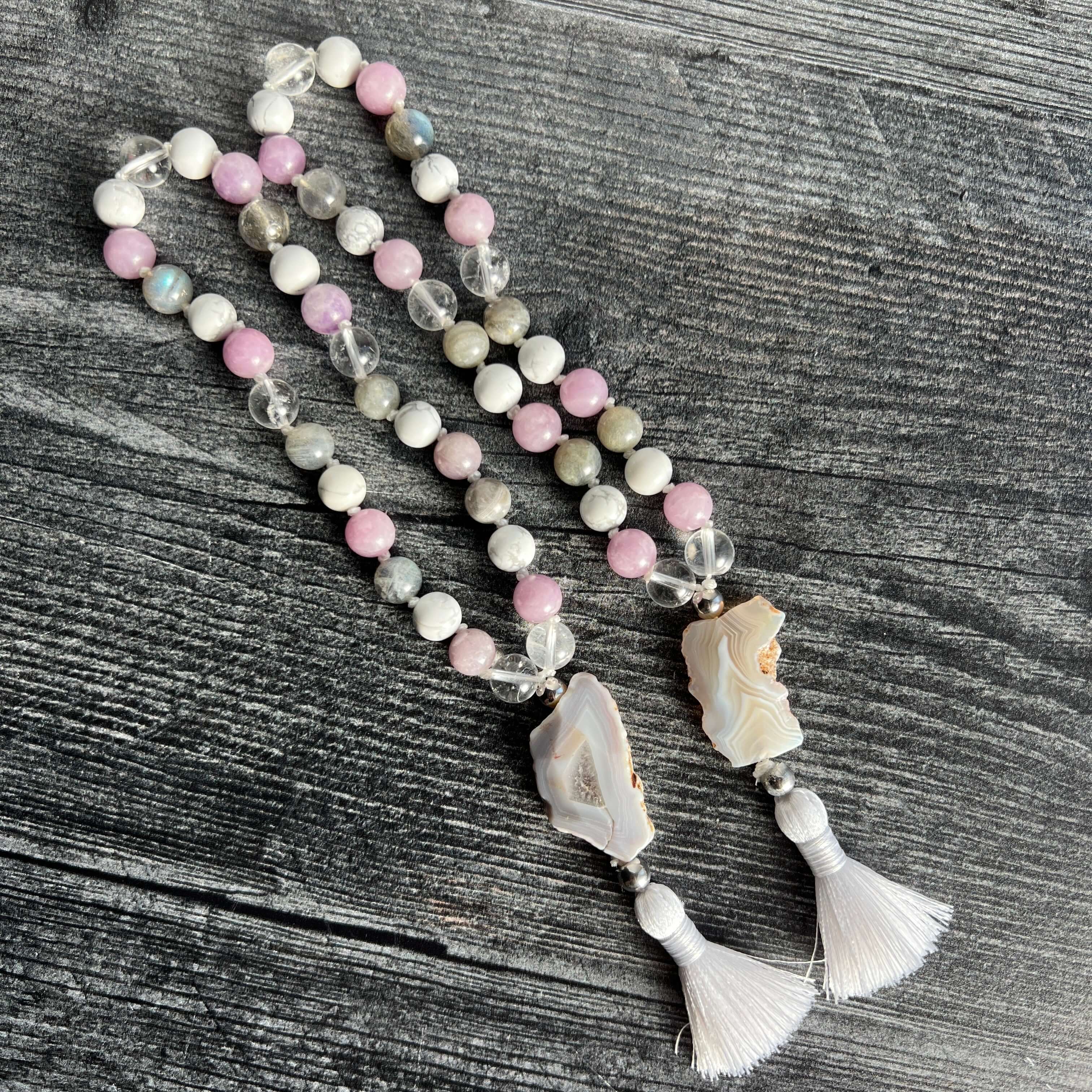 Crown Chakra Meditation Mala – 27 Beads of Clear Quartz & Labradorite