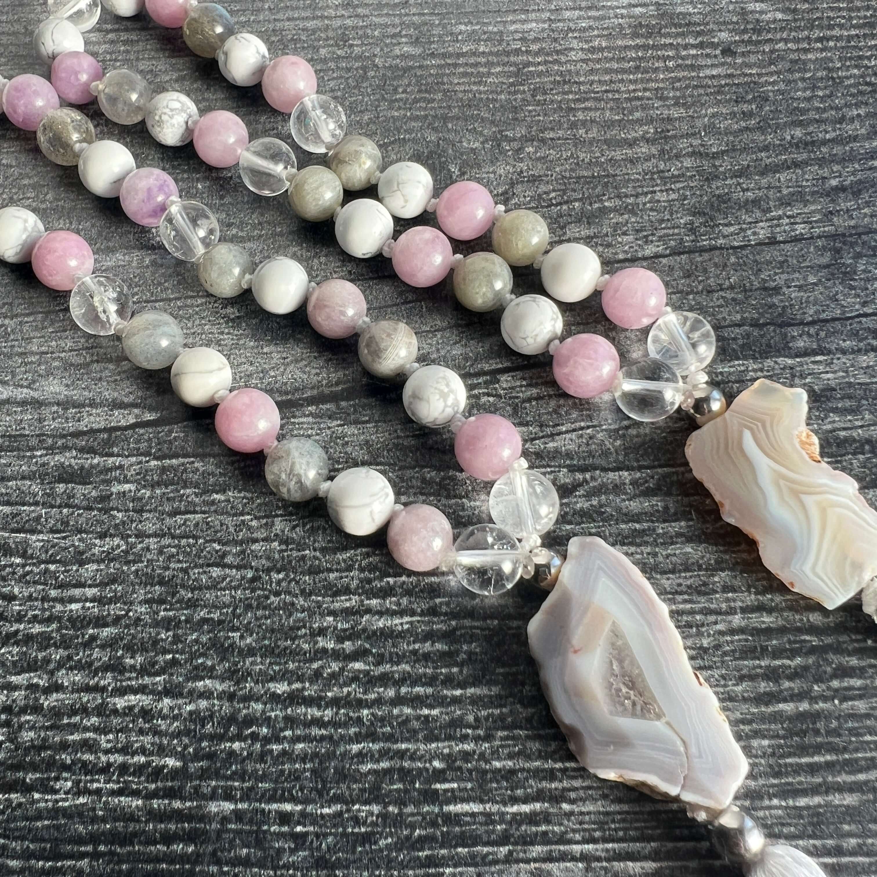 Crown Chakra Meditation Mala – 27 Beads of Clear Quartz & Labradorite