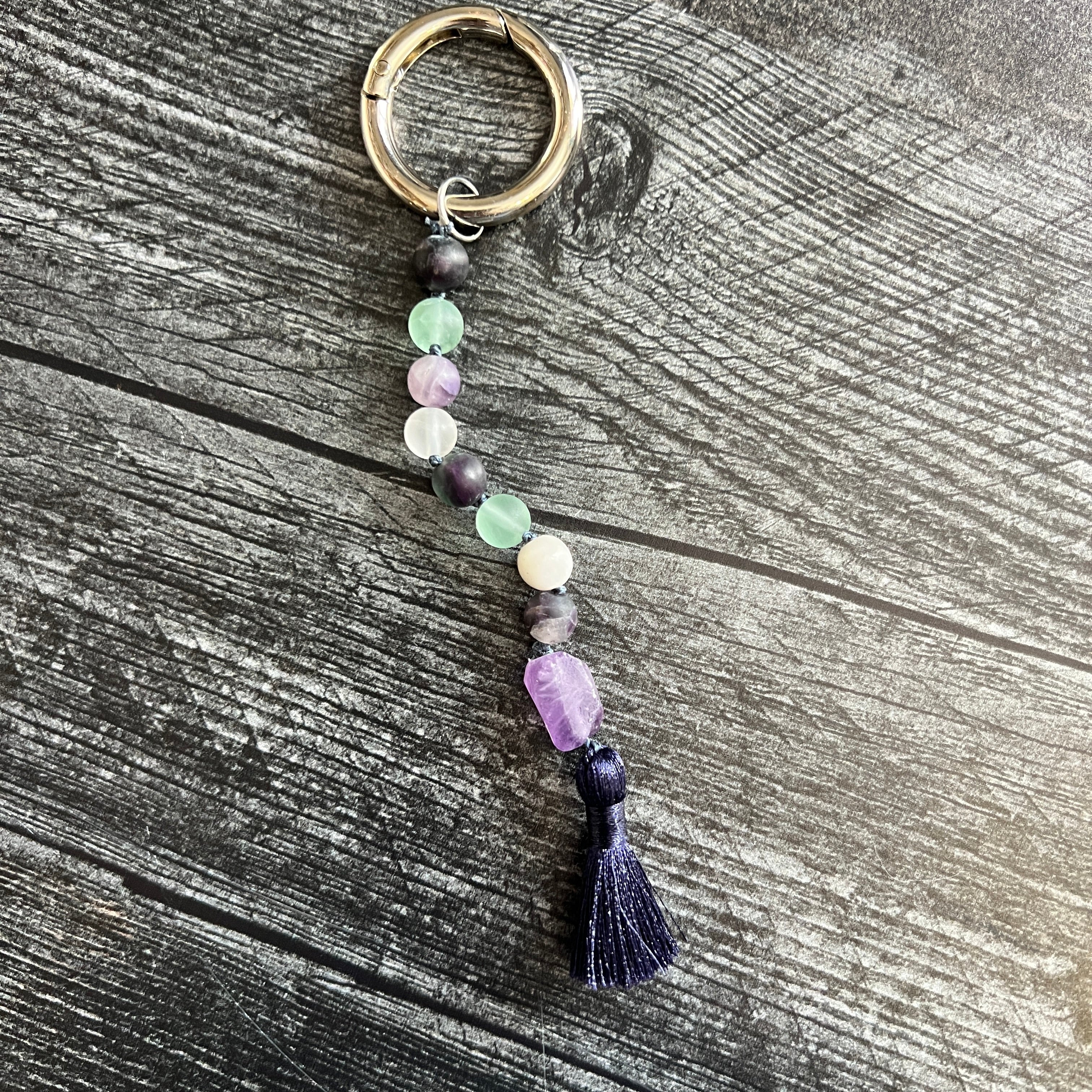 Fluorite and Amethyst Gemstone Keychain