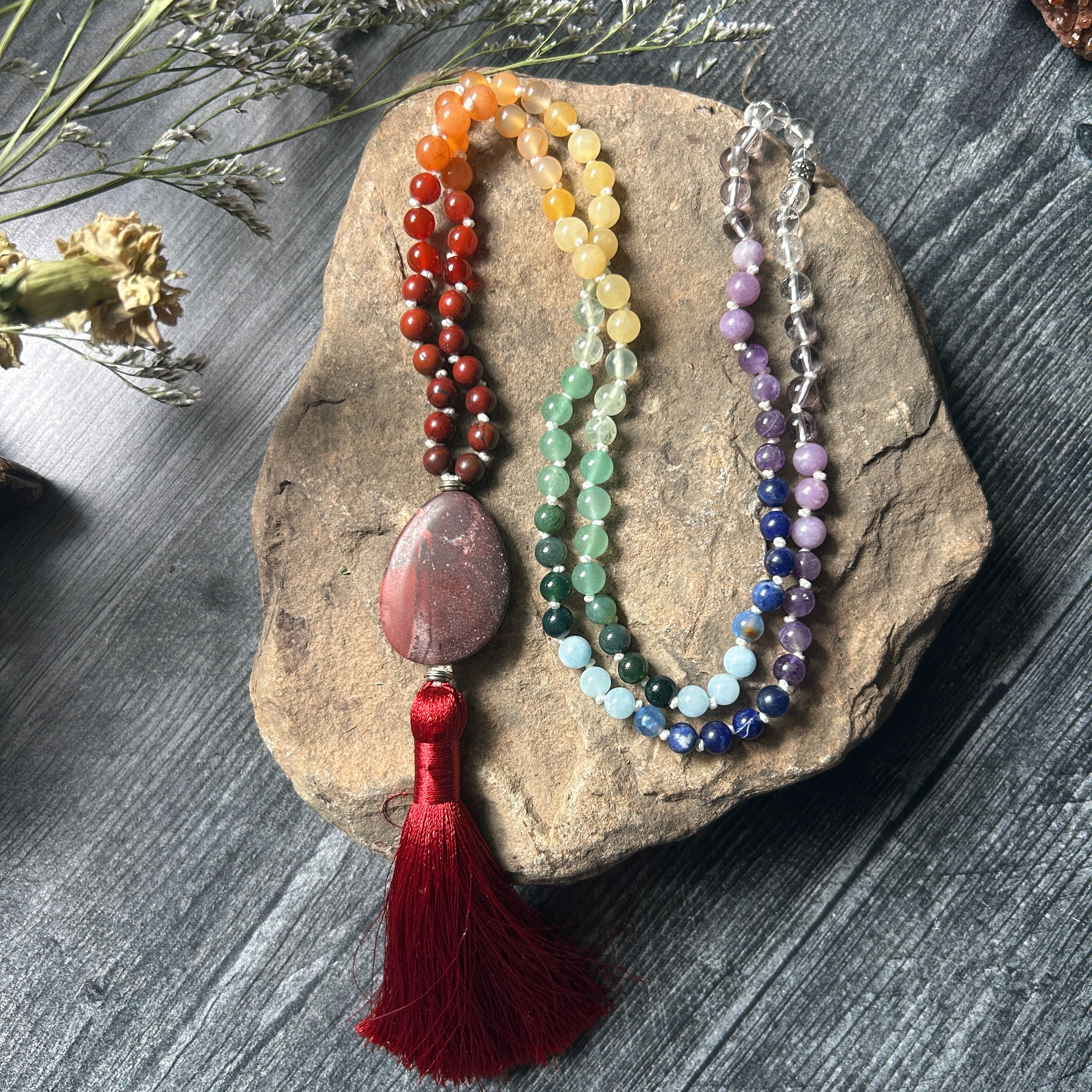 Rainbow Mala Necklace - Natural Gemstone Meditation Necklace
