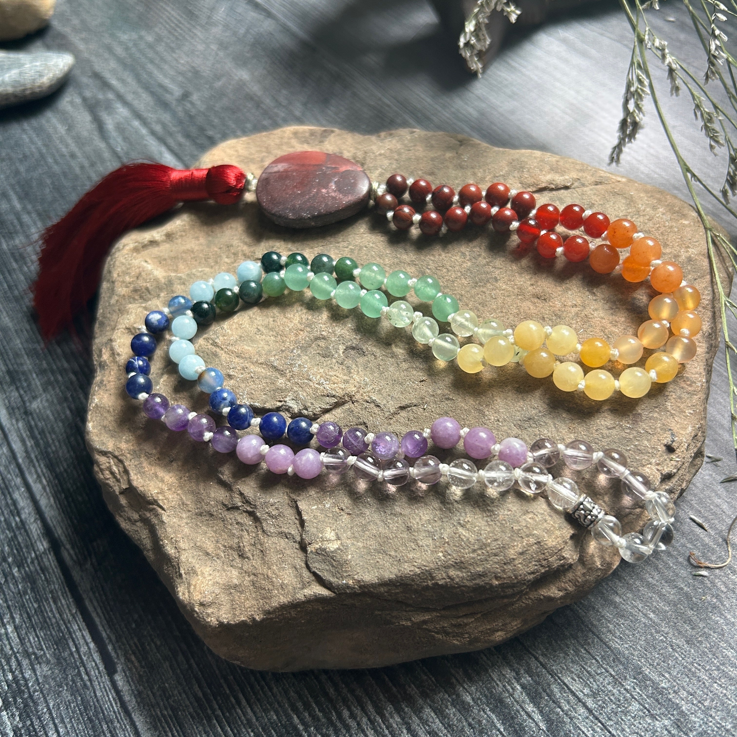 Rainbow Mala Necklace - Natural Gemstone Meditation Necklace