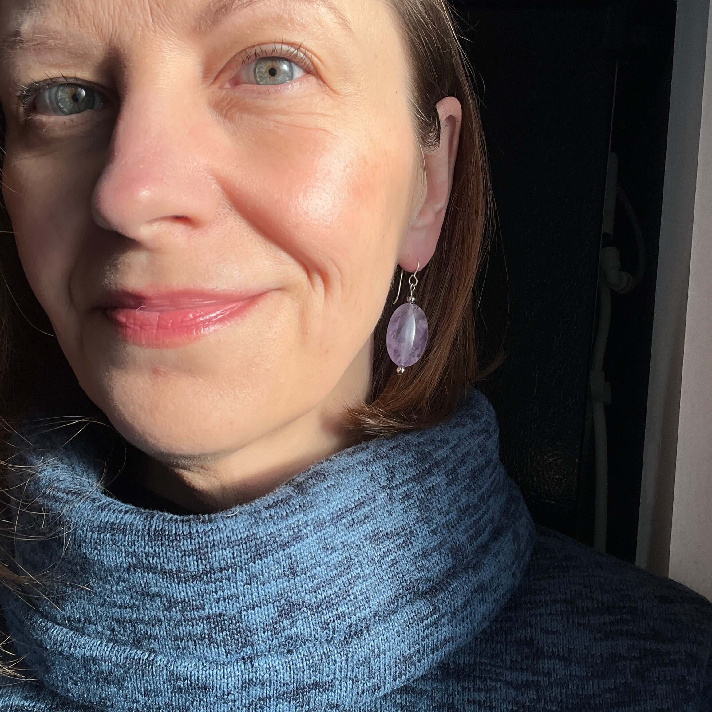 Lavender Amethyst Earrings These earrings are made with high-quality Amethyst stones which bring serenity to the wearer. Amethyst is a stone of serenity. This stone helps to calm the mind. It was once known as a “Gem of Fire” by ancient cultures. It has b