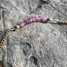 Load image into Gallery viewer, Close up of October birthstone bracelet made with 3mm Pink Tourmaline on gold-plated chain.
