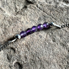 Load image into Gallery viewer, Close up of February Birthstone bracelet made with Amethyst on stainless steel chain.
