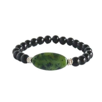 Jade Focal Bracelet This bracelet is made with high-quality Jade and either Black Onyx or Obsidian stones which bring calm and insight to the wearer. Zodiac Signs: Capricorn, Gemini, Libra, Taurus, and Virgo. Chakra: Heart. Handmade with authentic crystal