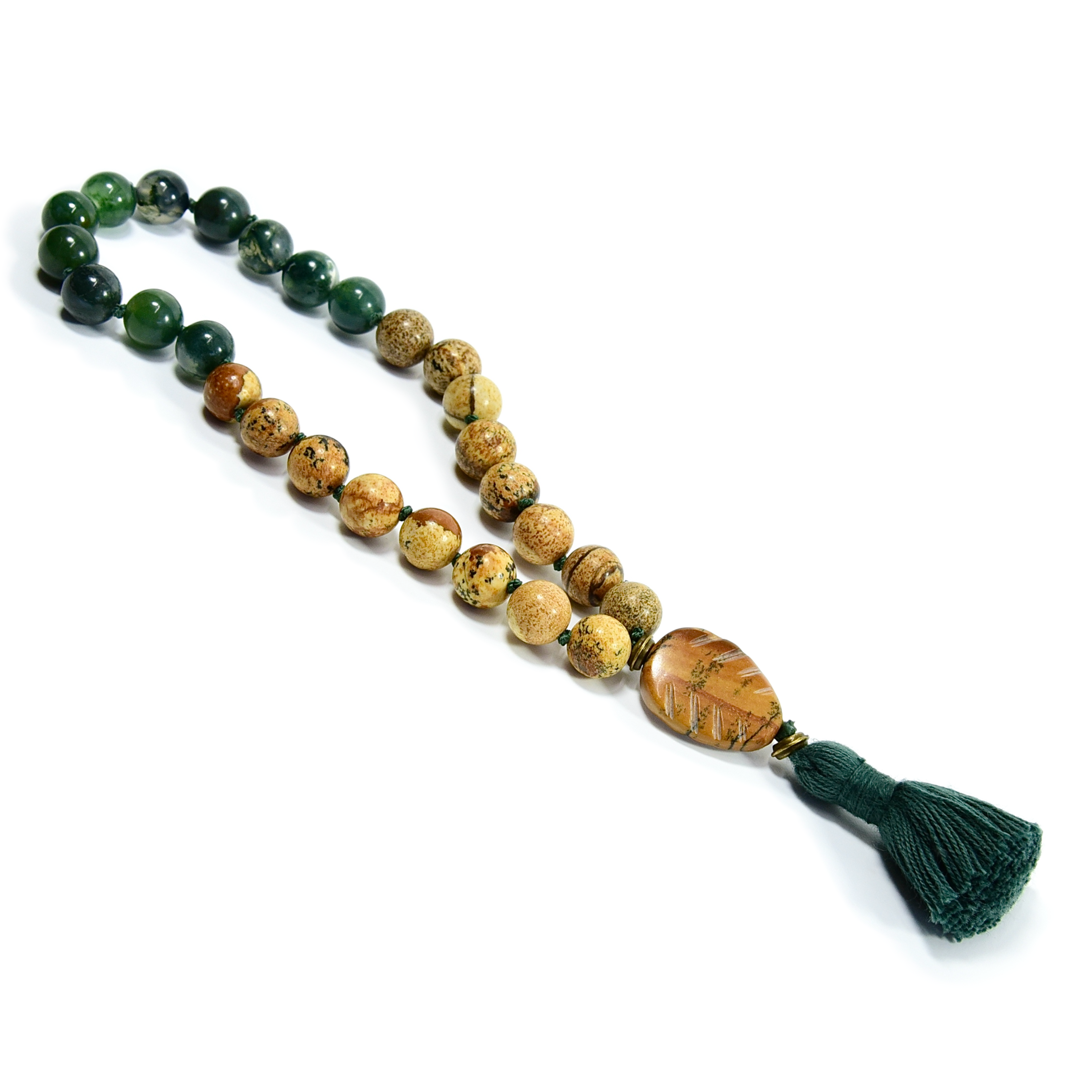 Picture Jasper & Moss Agate Pine Tree Mala Bracelet | Meditation Jewelry