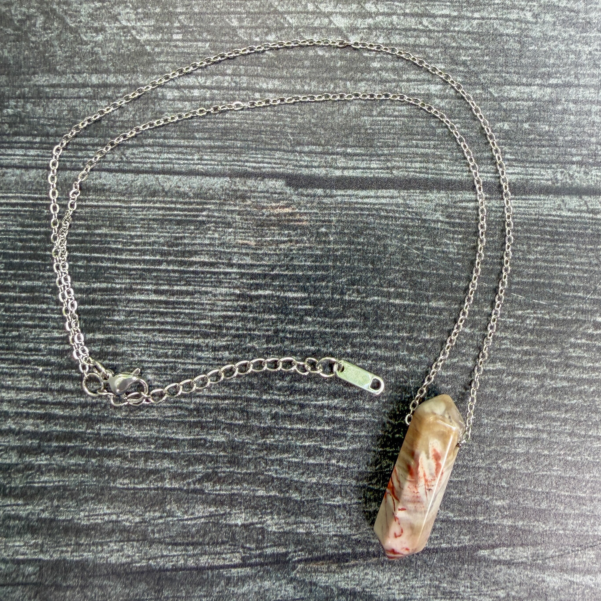 Red Cedar one-of-a-kind Petrified Wood Agate Point Necklace on stainless steel chain