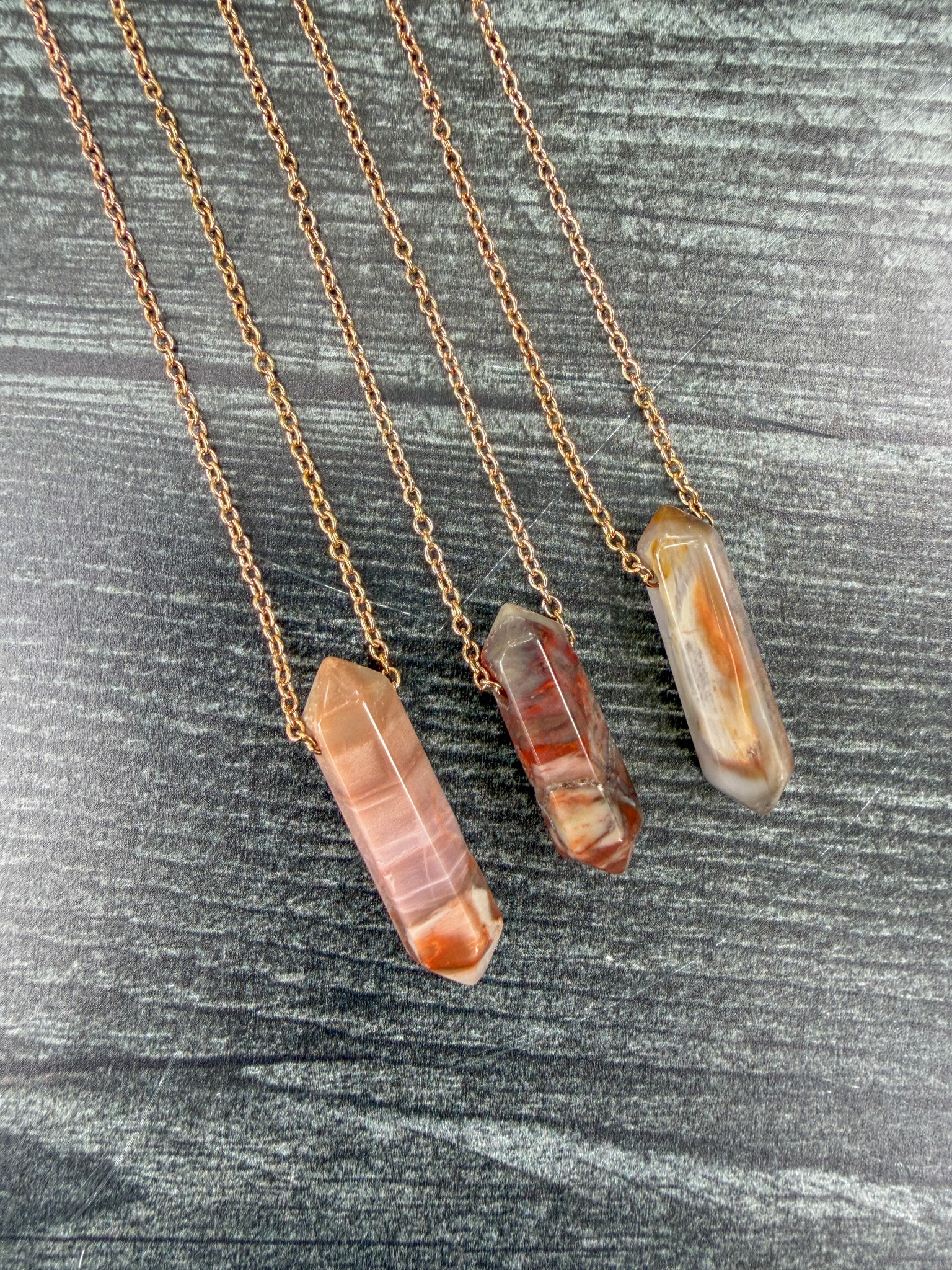 Earth Points Collection featuring unique Petrified Wood Agate Point Necklaces on rose gold stainless steel chains