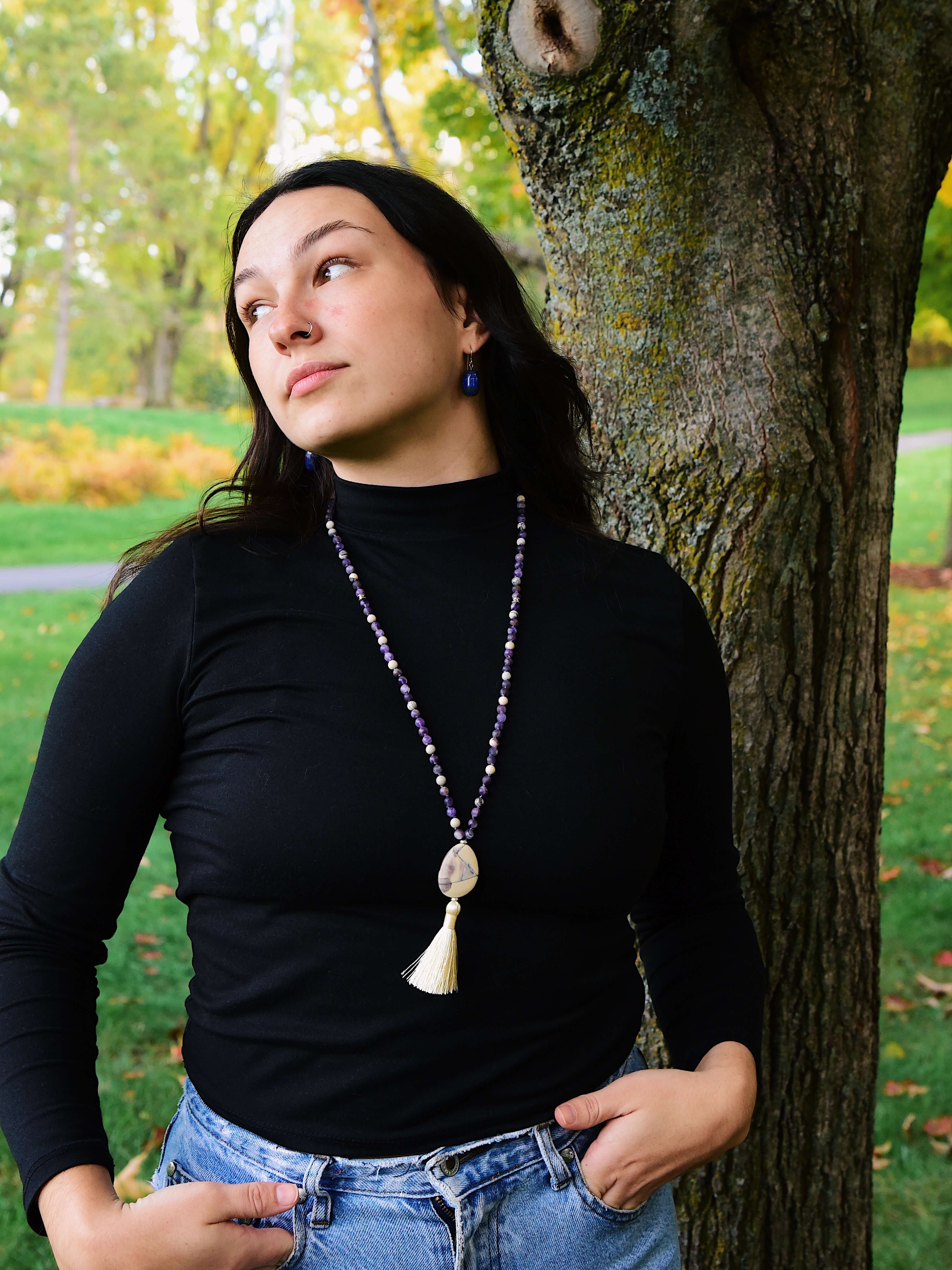 Third Eye Chakra Mala The Third Eye Chakra Mala is designed to help you tune into your inner voice and intuition. Handmade with multiple forms of matte Amethyst and Porcelain Jasper stones, the Third Eye Chakra Mala provides the wearer with energy that al