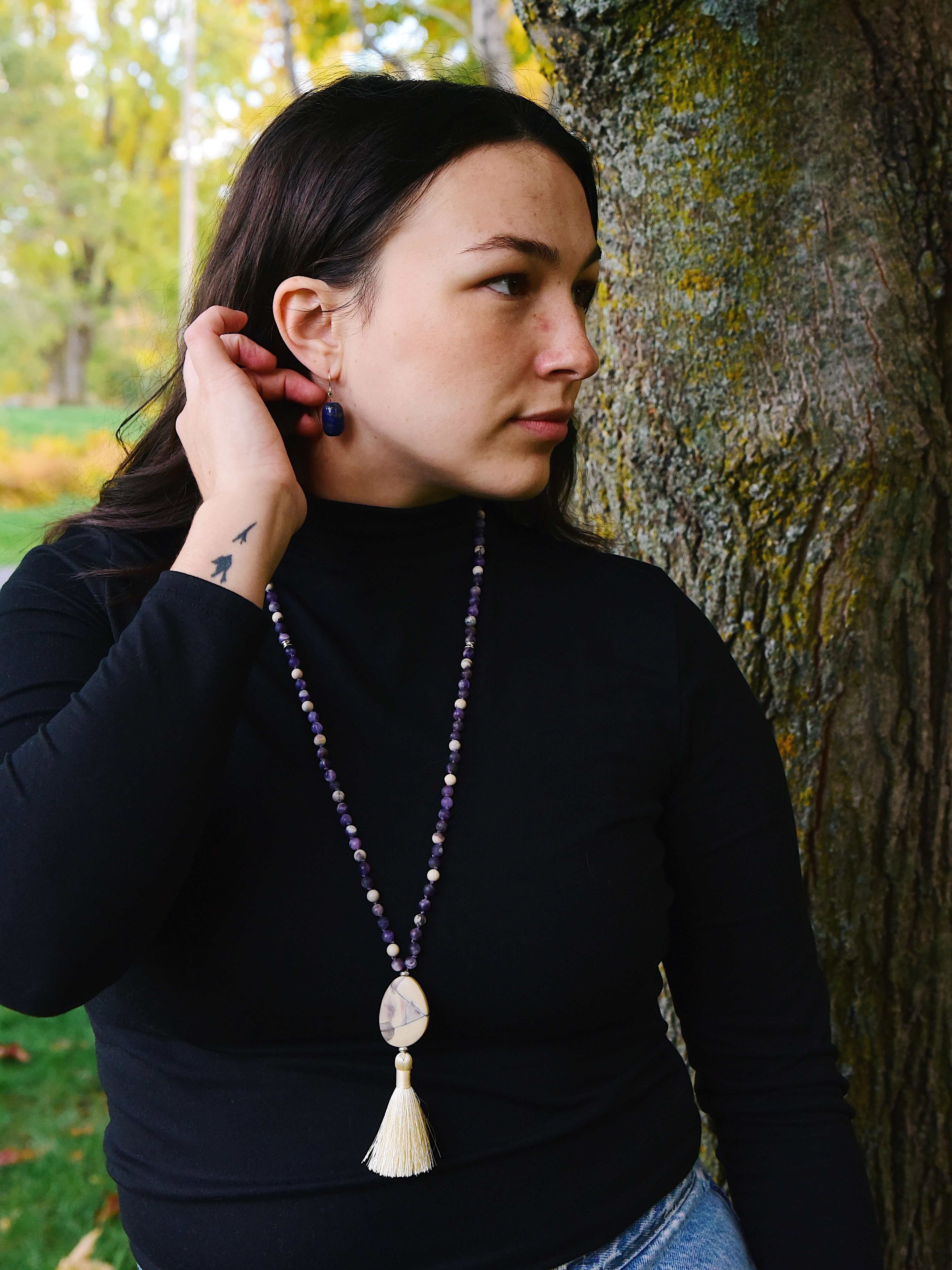 Third Eye Chakra Mala The Third Eye Chakra Mala is designed to help you tune into your inner voice and intuition. Handmade with multiple forms of matte Amethyst and Porcelain Jasper stones, the Third Eye Chakra Mala provides the wearer with energy that al