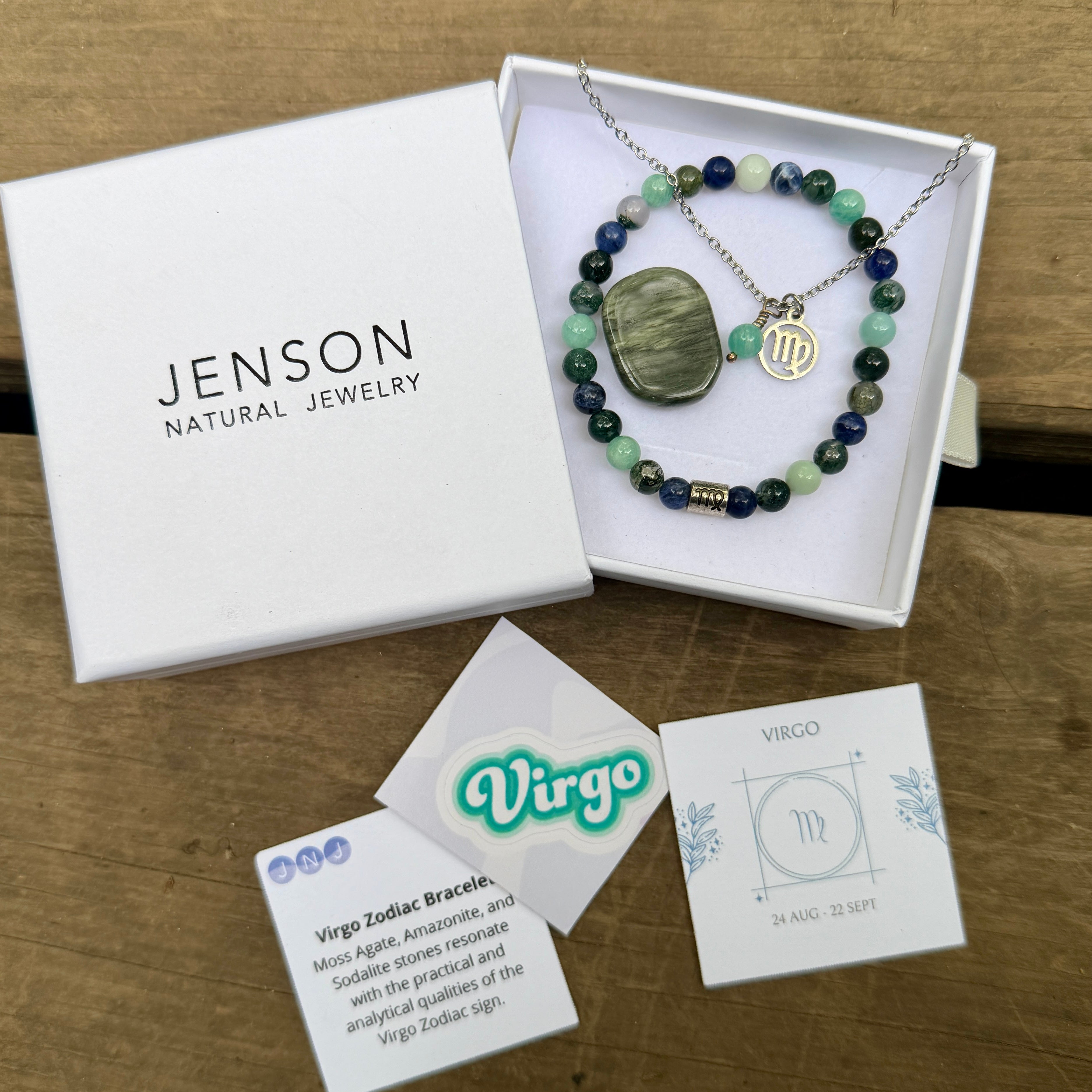 Virgo Zodiac Gift Box with stainless steel necklace, gemstone bracelet, Green Jasper touchstone and Virgo cards