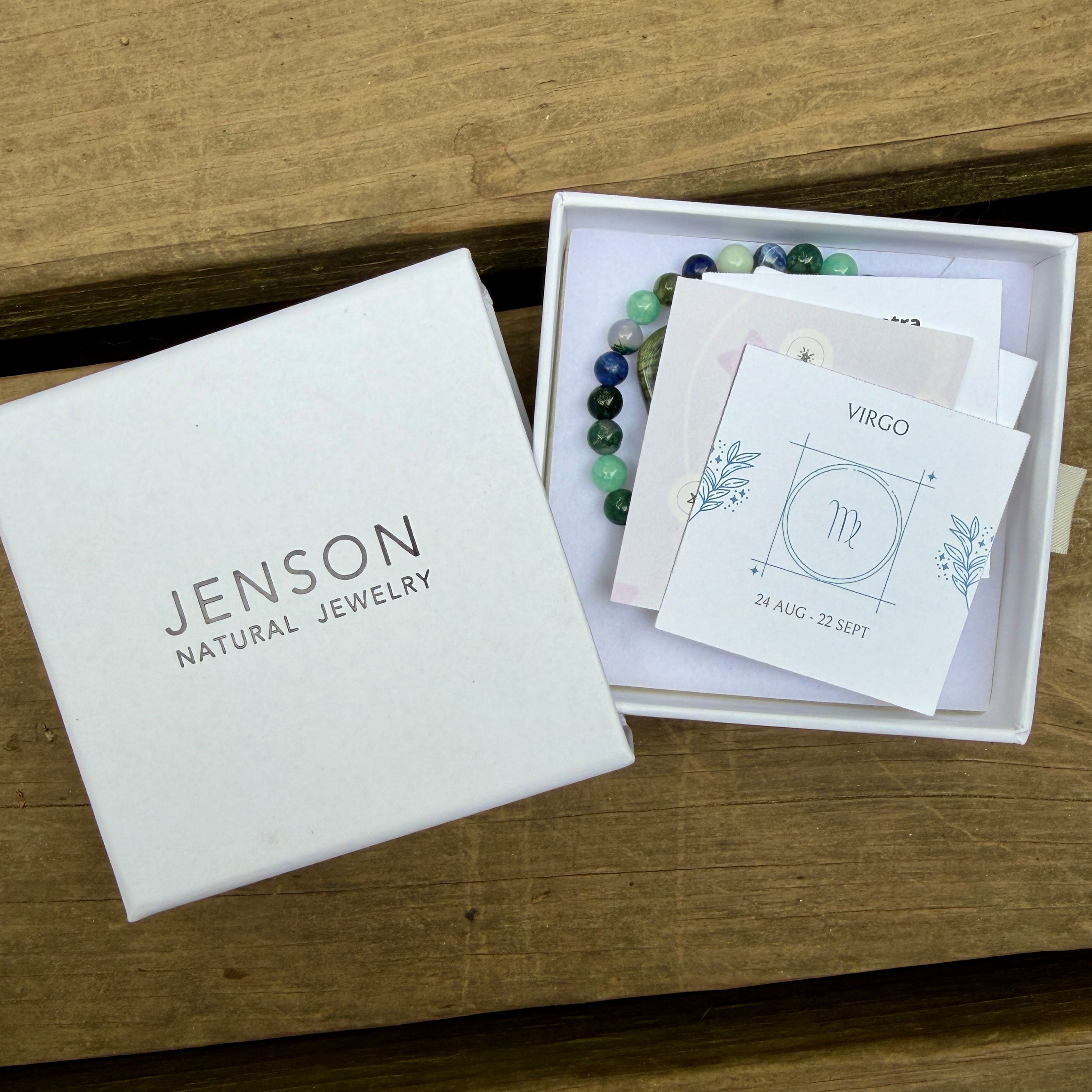 JNJ Virgo gift box with zodiac card, gemstone bracelet and gift items packaged inside