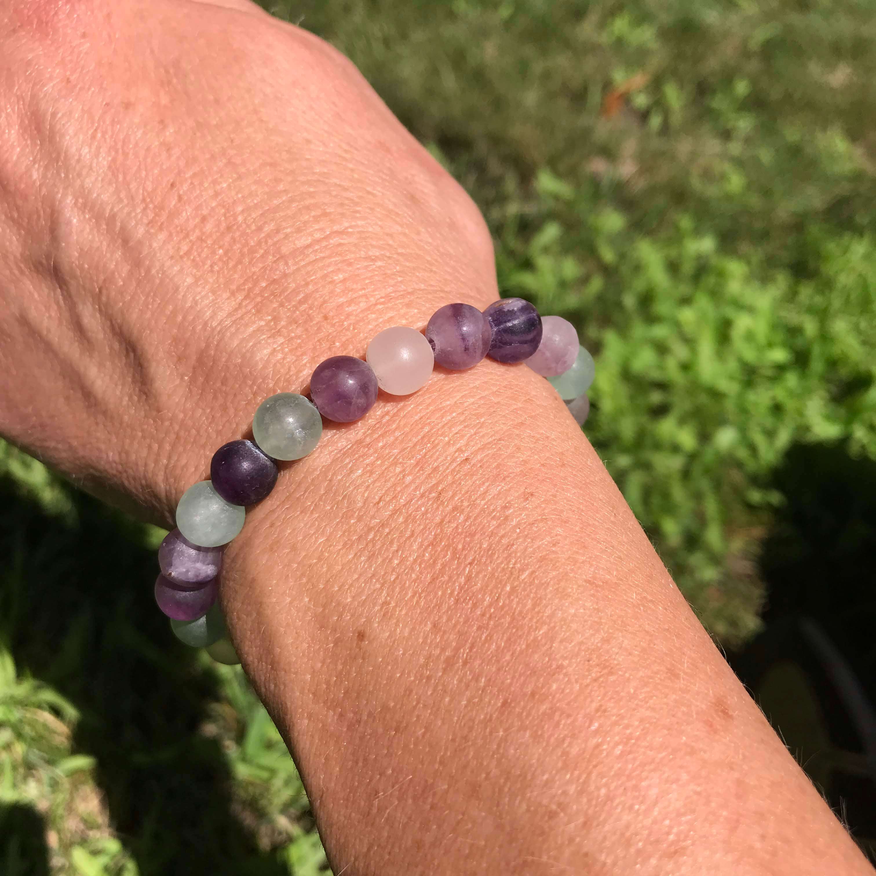 Fluorite Frosted Bead Bracelet This bracelet is made with high-quality Frosted Fluorite stones which bring intuition and stability to the wearer. Zodiac Sign: Capricorn. Chakra: Heart. Handmade with authentic crystals and gemstones in Minneapolis, MN.