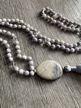 Load image into Gallery viewer, Gentle Soul Mala This mala is made with Howlite, Tiffany Jasper, Clear Quartz, and Porcelain Jasper stones which provide calm and grounding feelings for the wearer. Zodiac Signs: All. Chakras: All. Handmade with authentic crystals and gemstones in Minneap
