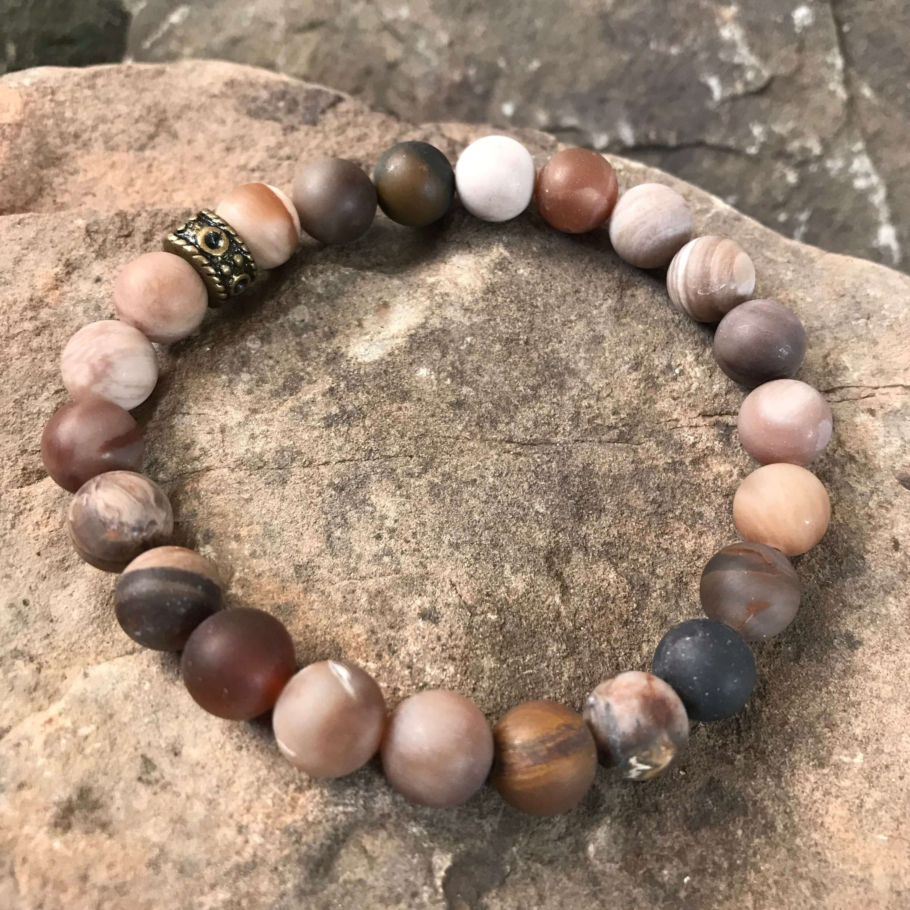 Wood Opalite Matte Bead Bracelet This bracelet is made with high-quality Wood Opalite gemstones which bring safety and security to the wearer. Zodiac Signs: Leo and Virgo. Chakras: Root and Sacral. Handmade with authentic crystals & gemstones in Minneapol