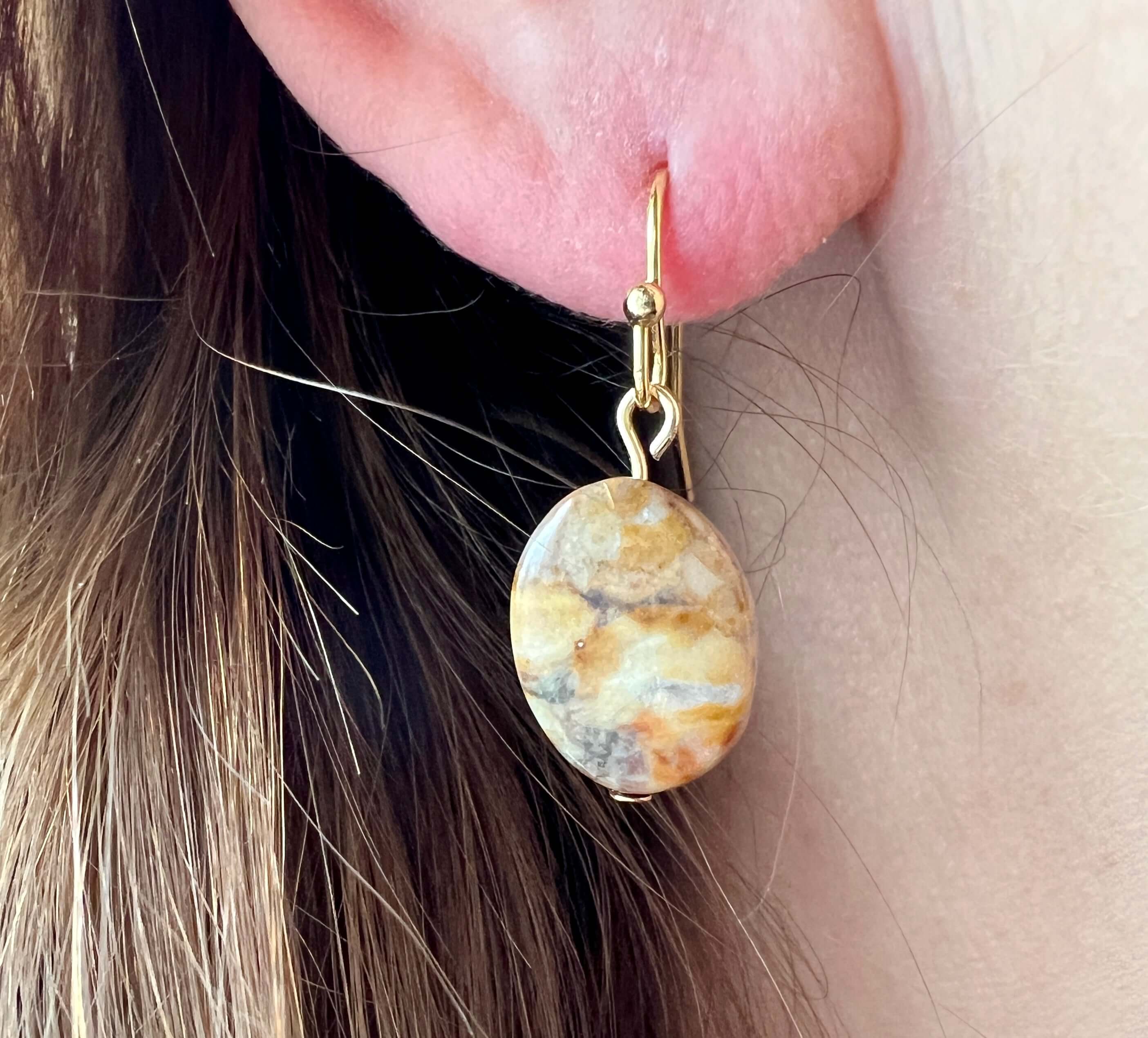 Venus Jasper Earrings These earrings are made with Venus Jasper gemstones which help ground and strengthen the wearer. Zodiac Signs: Leo, Virgo & Scorpio. Chakras: Root. Handmade with authentic crystals & gemstones in Minneapolis, MN.