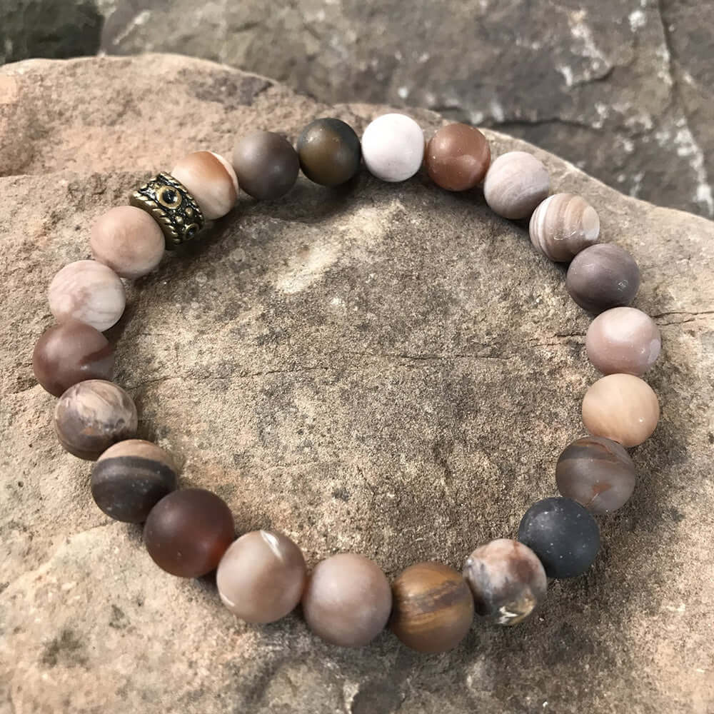 Wood Opalite Matte Bead Bracelet This bracelet is made with high-quality Wood Opalite gemstones which bring safety and security to the wearer. Zodiac Signs: Leo and Virgo. Chakras: Root and Sacral. Handmade with authentic crystals & gemstones in Minneapol