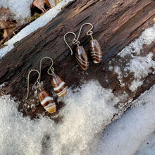 Load image into Gallery viewer, Tibetan Agate Earrings These earrings are made with authentic Tibetan Agate gemstones, which is believed to bestow its wearer with a sense of balance and protection, shielding you from negative energies while enhancing your inner strength and resilience.
