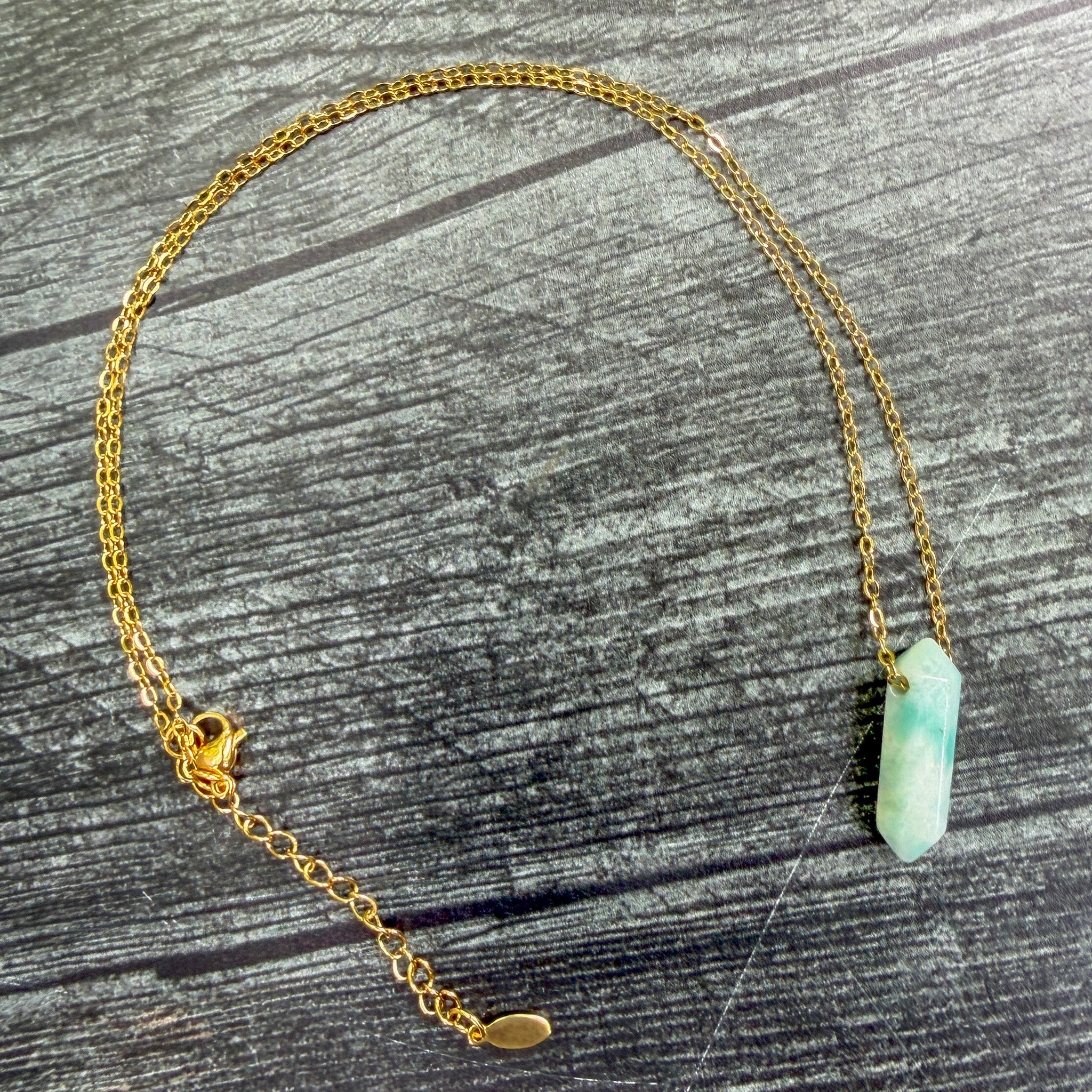 Desert Sky one-of-a-kind Black Gold Amazonite Point Necklace on gold stainless steel chain