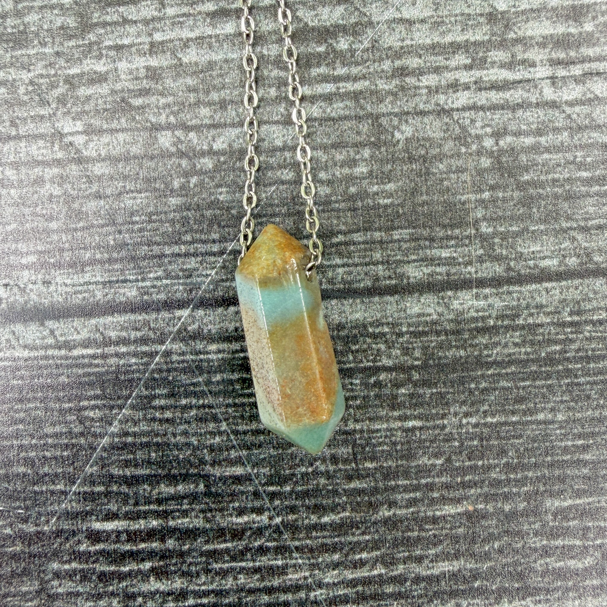 River Stone one-of-a-kind Black Gold Amazonite Point Necklace on stainless steel chain