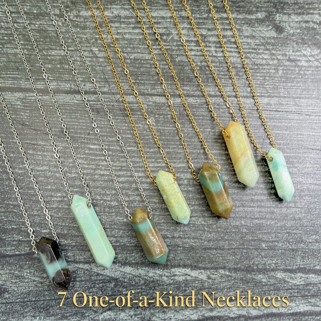 Earth Points Collection featuring seven one-of-a-kind Black Gold Amazonite Point Necklaces