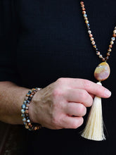 Load image into Gallery viewer, Ancient Cellar Black Agate Mala This mala is made with high-quality Ancient Cellar Agate &amp; Amazonite stones which provide grounding, calmness and strength to its wearer.
