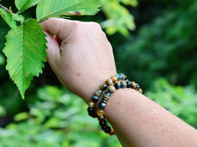 Load image into Gallery viewer, Blue and Blonde Tiger Eye Bead Bracelet This bracelet is made with high-quality Blue and Blonde Tiger Eye stones which bring confidence and optimism to the wearer. Zodiac Signs: Leo and Capricorn. Chakras: Root and Solar Plexus. Handmade with authentic cr
