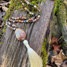 Load image into Gallery viewer, Ancient Cellar Black Agate Mala This mala is made with high-quality Ancient Cellar Agate &amp; Amazonite stones which provide grounding, calmness and strength to its wearer.
