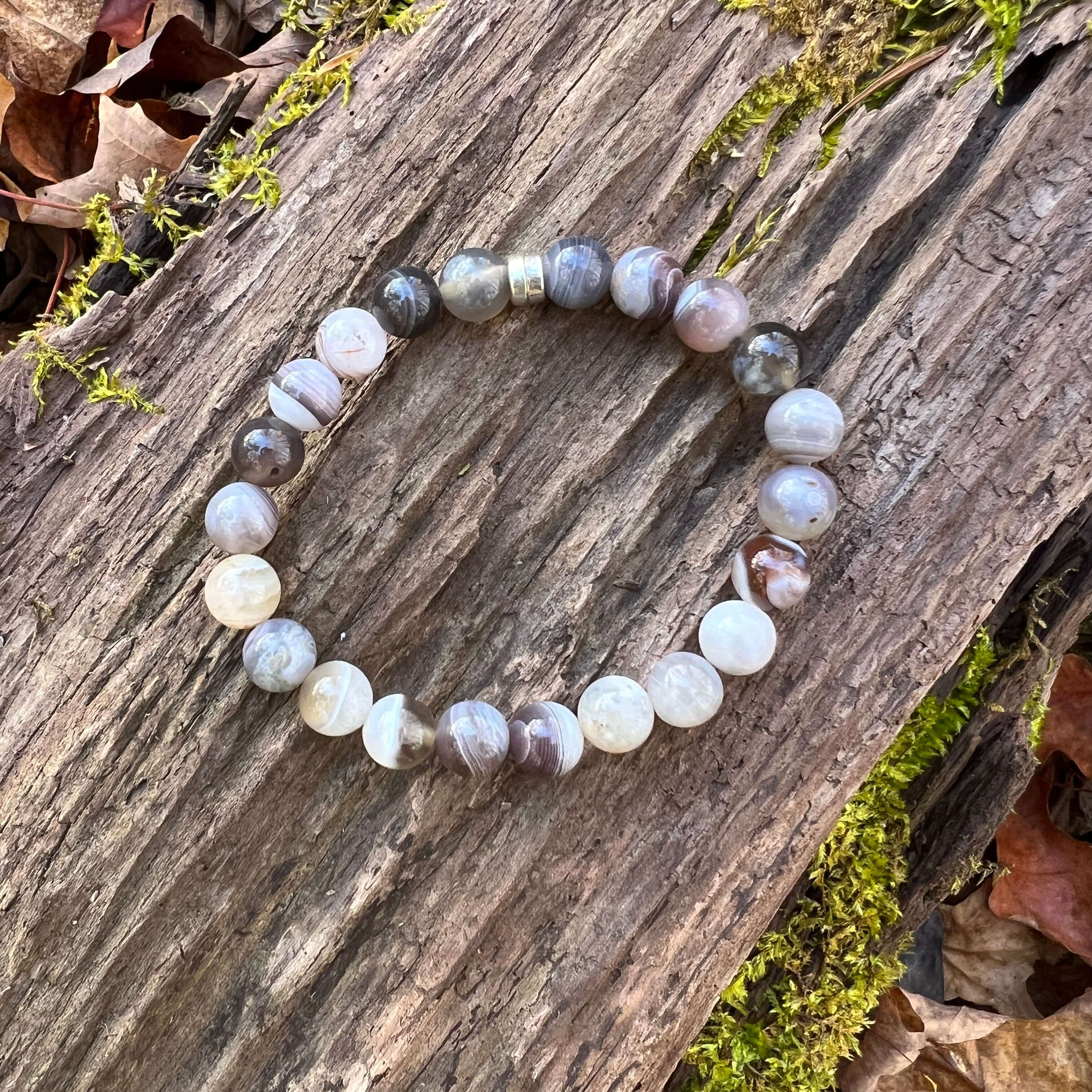 Botswana Agate Bracelet This bracelet is made from authentic Botswana Agate gemstones which bring comfort and hope to the wearer. Zodiac Signs: Gemini. Chakras: Root. Handmade with authentic crystals and gemstones in Minneapolis, MN.