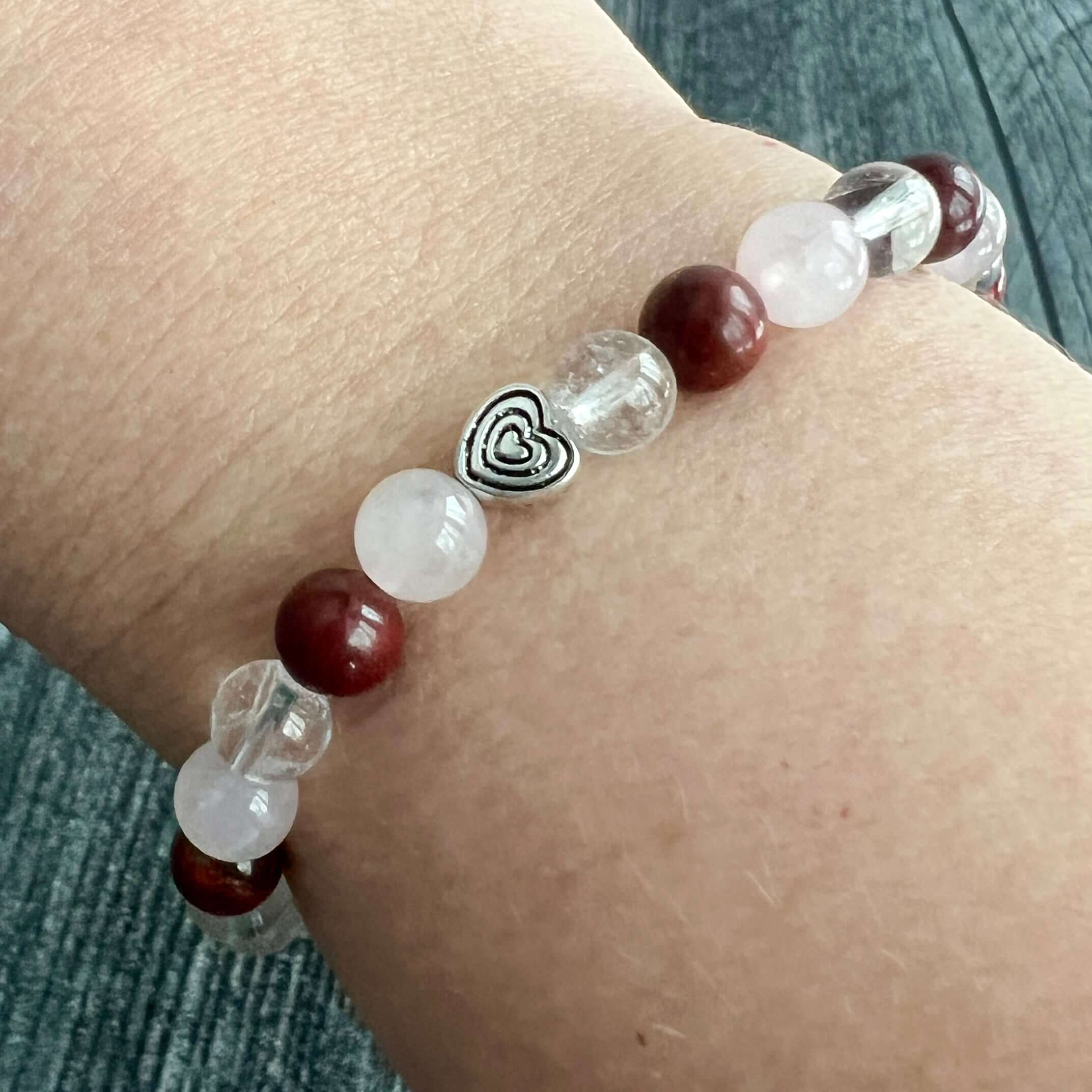 Valentine's Bracelet Spread some love this Valentine’s season with this cute bracelet made with Rose Quartz, Clear Quartz, and Red Jasper stones. The energy of these stones are full of love - for others AND for yourself! Plus the Red Jasper will help you