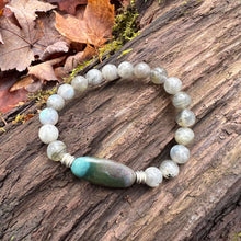 Load image into Gallery viewer, Fancy Jasper Focal Bracelet This bracelet features a beautiful Fancy Jasper focal stone and your choice of Labradorite, Onyx, Picture Jasper, Wood Opal, or Moss agate 8mm beads. Zodiac Signs: Aries, Scorpio, Virgo, Leo, Capricorn. Chakras: Root, Solar Ple
