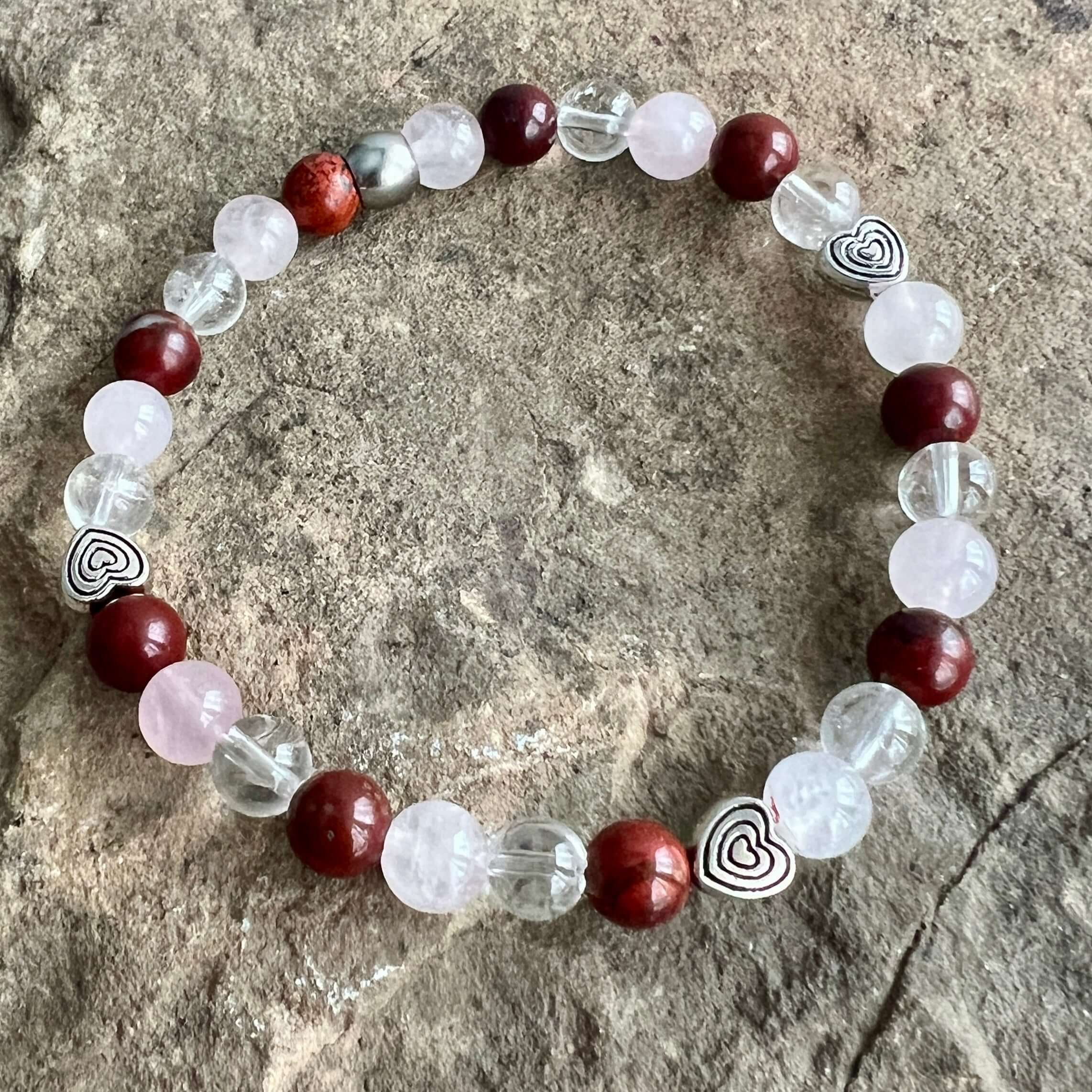 Valentine's Bracelet Spread some love this Valentine’s season with this cute bracelet made with Rose Quartz, Clear Quartz, and Red Jasper stones. The energy of these stones are full of love - for others AND for yourself! Plus the Red Jasper will help you