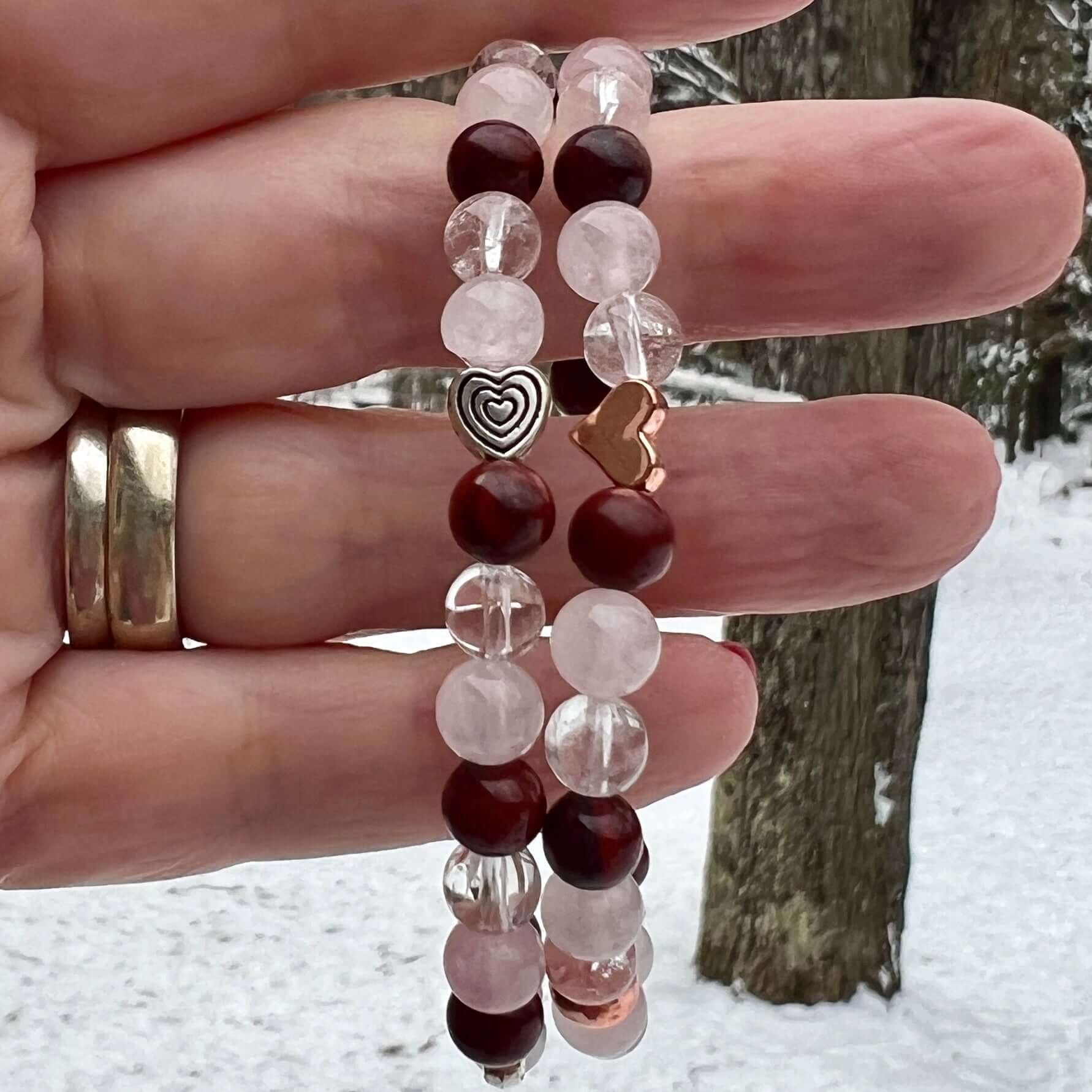 Valentine's Bracelet Spread some love this Valentine’s season with this cute bracelet made with Rose Quartz, Clear Quartz, and Red Jasper stones. The energy of these stones are full of love - for others AND for yourself! Plus the Red Jasper will help you