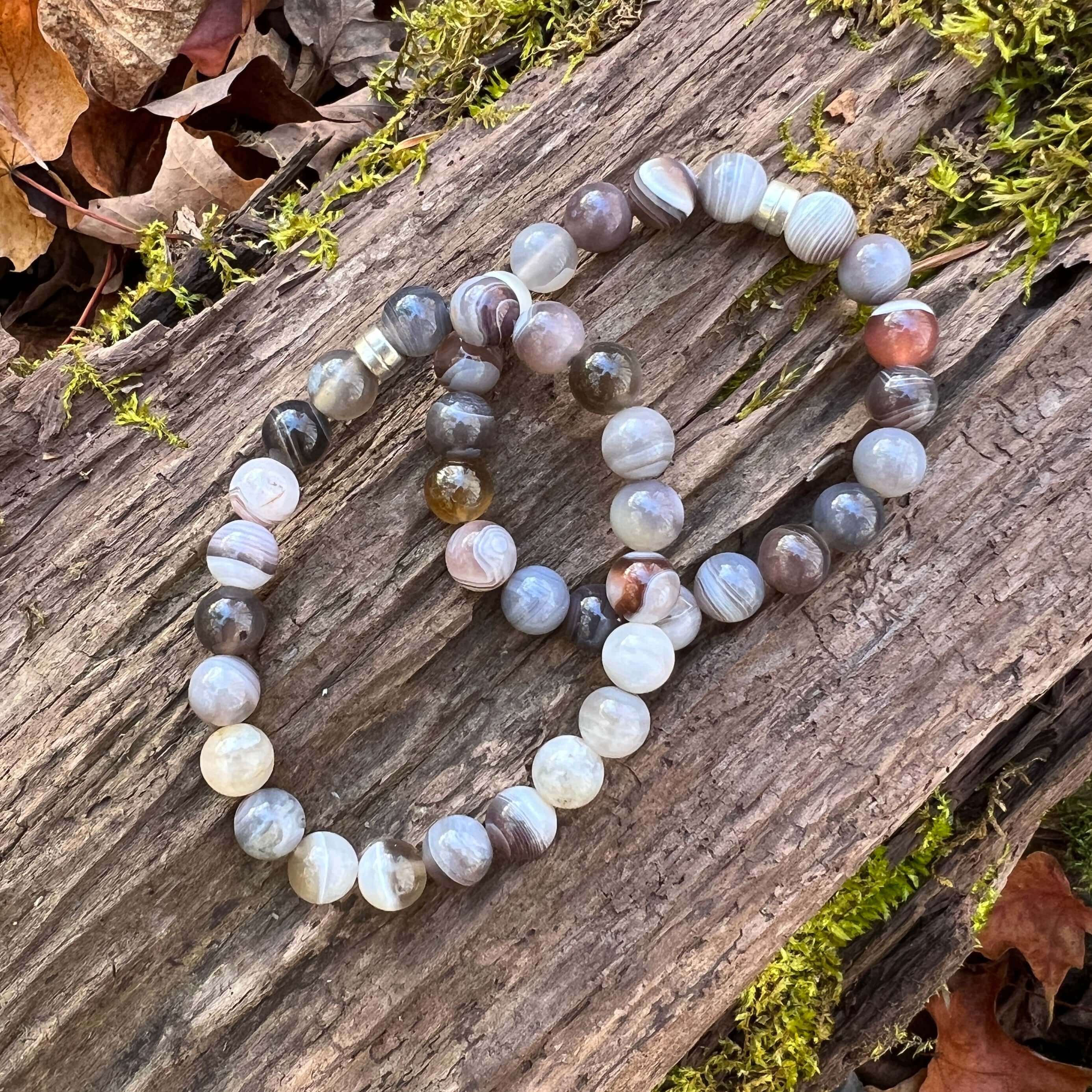 Botswana Agate Bracelet This bracelet is made from authentic Botswana Agate gemstones which bring comfort and hope to the wearer. Zodiac Signs: Gemini. Chakras: Root. Handmade with authentic crystals and gemstones in Minneapolis, MN.