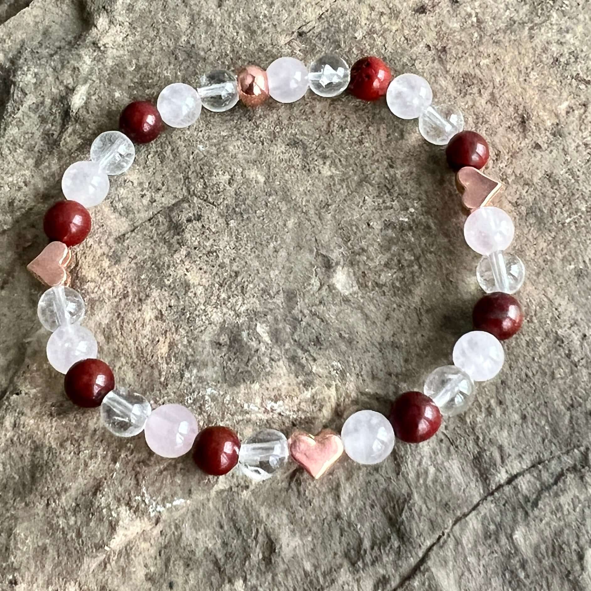 Valentine's Bracelet Spread some love this Valentine’s season with this cute bracelet made with Rose Quartz, Clear Quartz, and Red Jasper stones. The energy of these stones are full of love - for others AND for yourself! Plus the Red Jasper will help you
