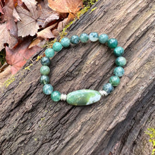 Load image into Gallery viewer, Fancy Jasper Focal Bracelet This bracelet features a beautiful Fancy Jasper focal stone and your choice of Labradorite, Onyx, Picture Jasper, Wood Opal, or Moss agate 8mm beads. Zodiac Signs: Aries, Scorpio, Virgo, Leo, Capricorn. Chakras: Root, Solar Ple
