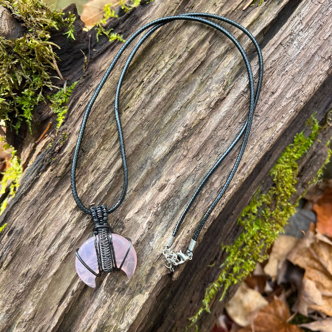 Rose Quartz Moon Wire Wrapped Pendant