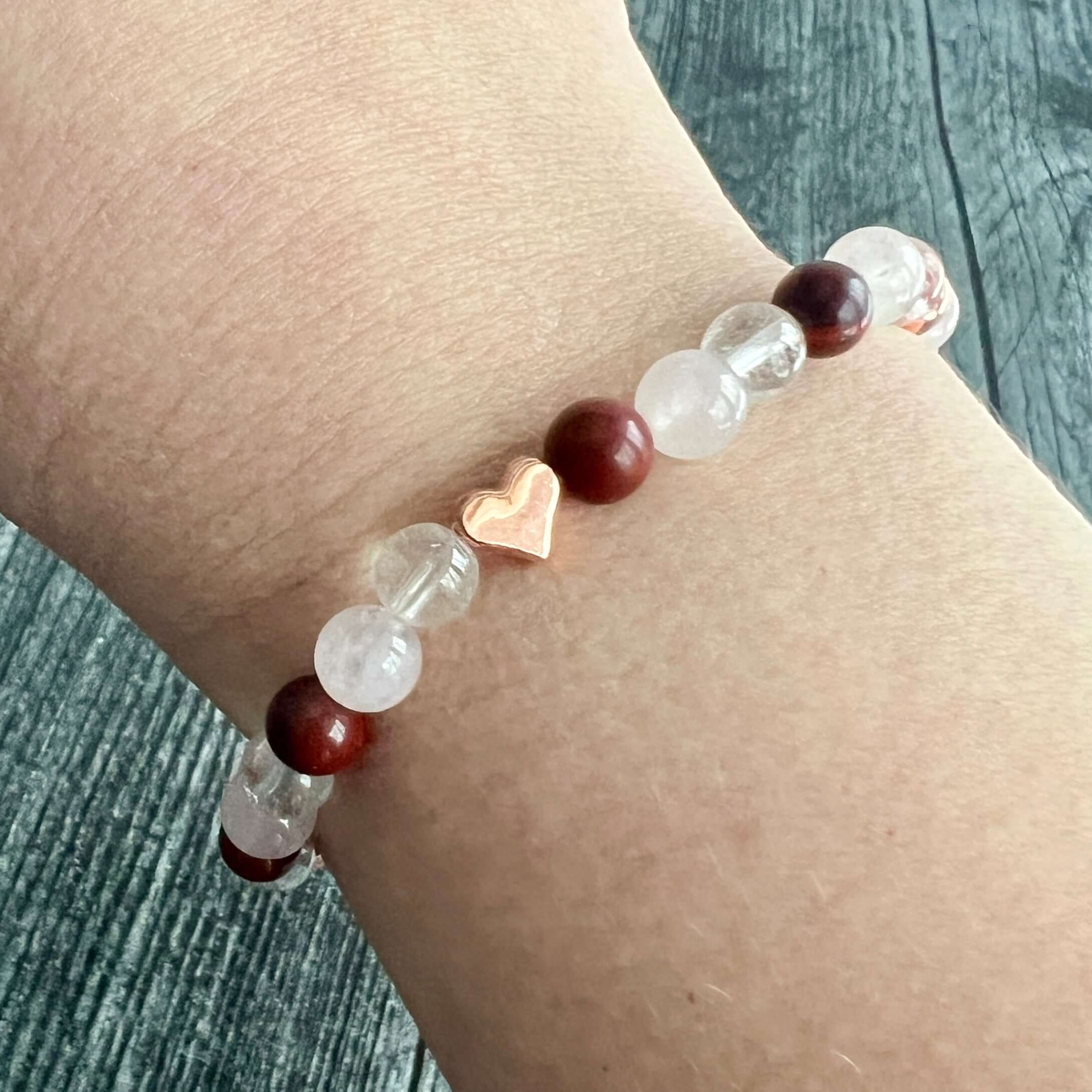 Valentine's Bracelet Spread some love this Valentine’s season with this cute bracelet made with Rose Quartz, Clear Quartz, and Red Jasper stones. The energy of these stones are full of love - for others AND for yourself! Plus the Red Jasper will help you